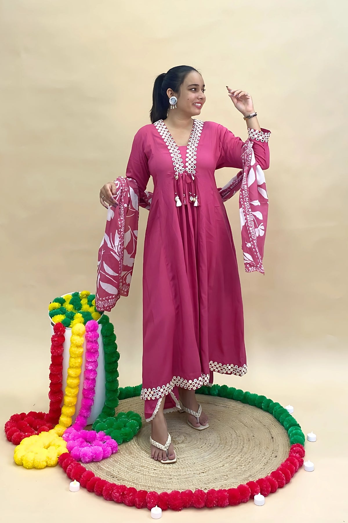 Premium Mul Cotton Anarkali Kurti Pant Set with Mal Cotton Dupatta – Shisha Embroidery & Tassel Detailing