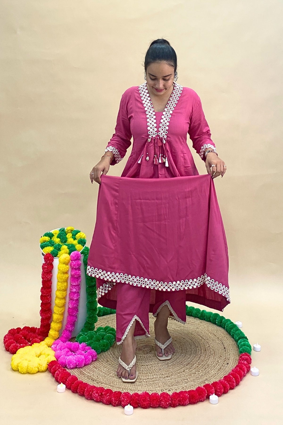 Premium Mul Cotton Anarkali Kurti Pant Set with Mal Cotton Dupatta – Shisha Embroidery & Tassel Detailing