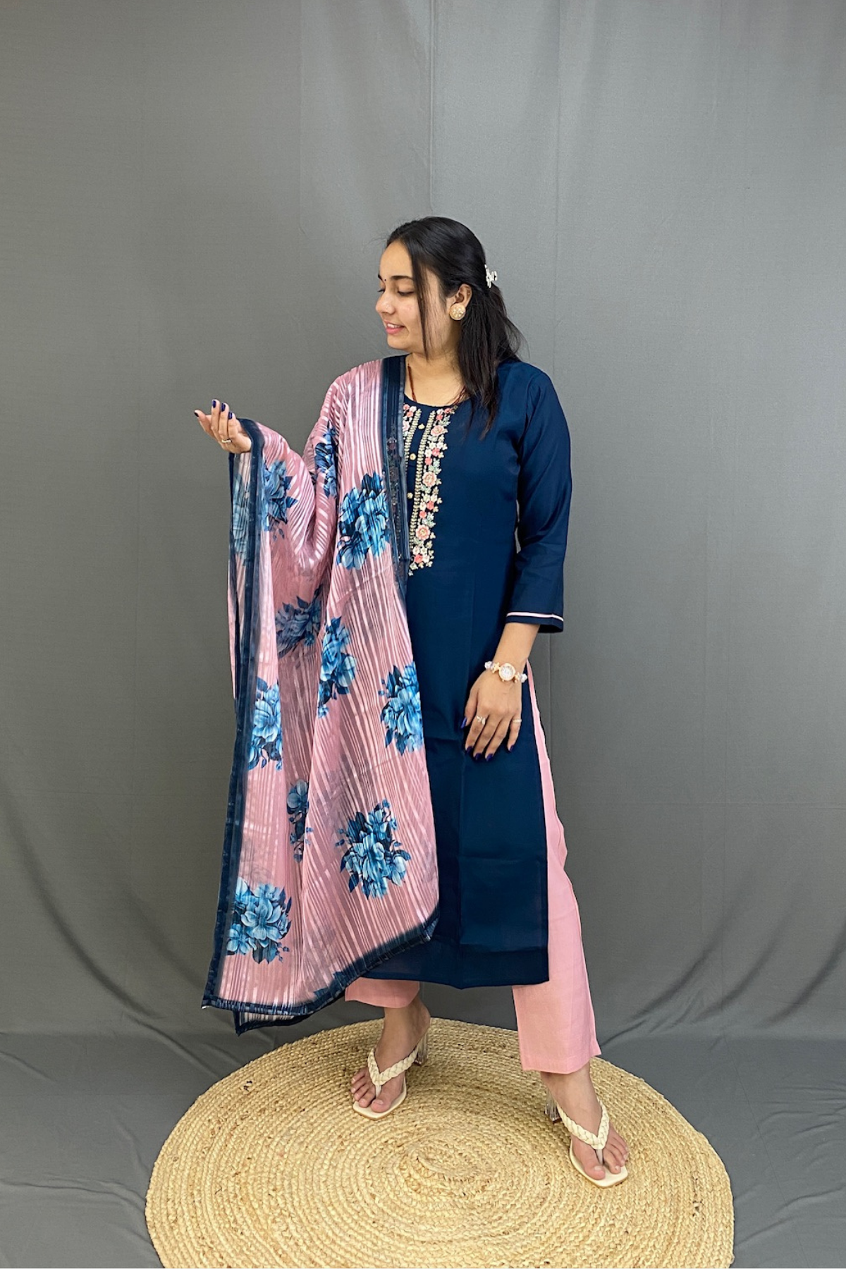 Elegant Navy Blue Roman Silk Kurti Set with Contrast Pink Pant & Floral Dupatta