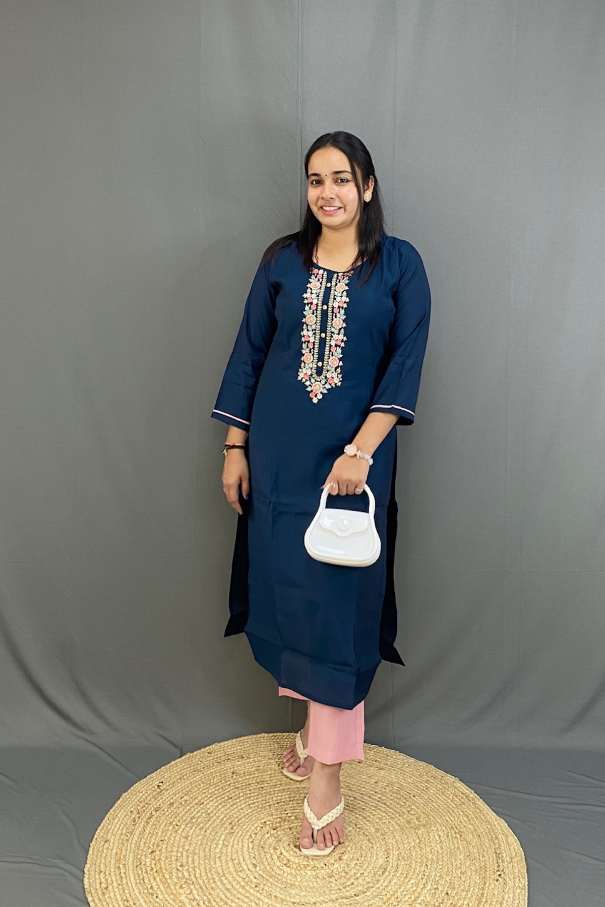Elegant Navy Blue Roman Silk Kurti Set with Contrast Pink Pant & Floral Dupatta