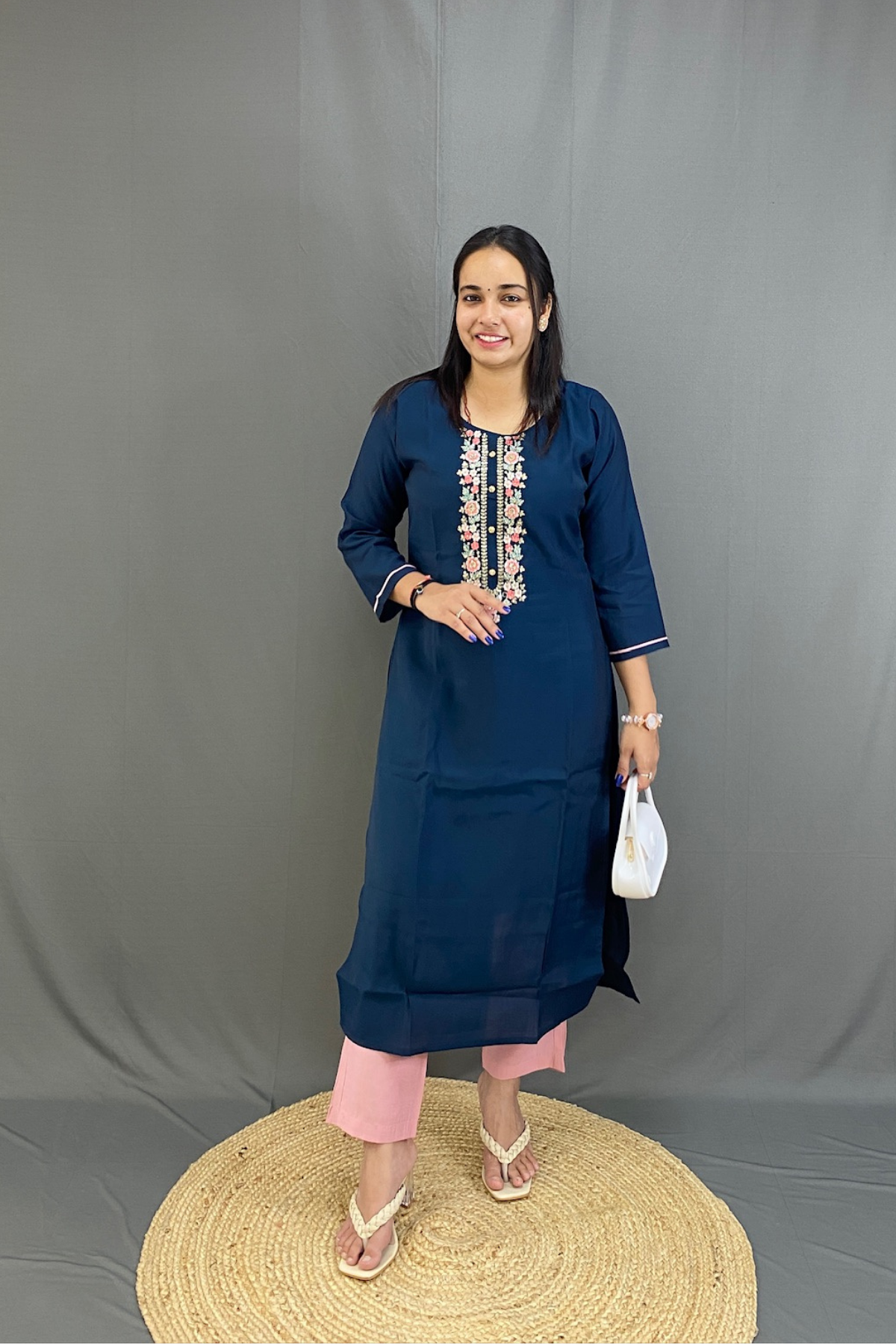 Elegant Navy Blue Roman Silk Kurti Set with Contrast Pink Pant & Floral Dupatta