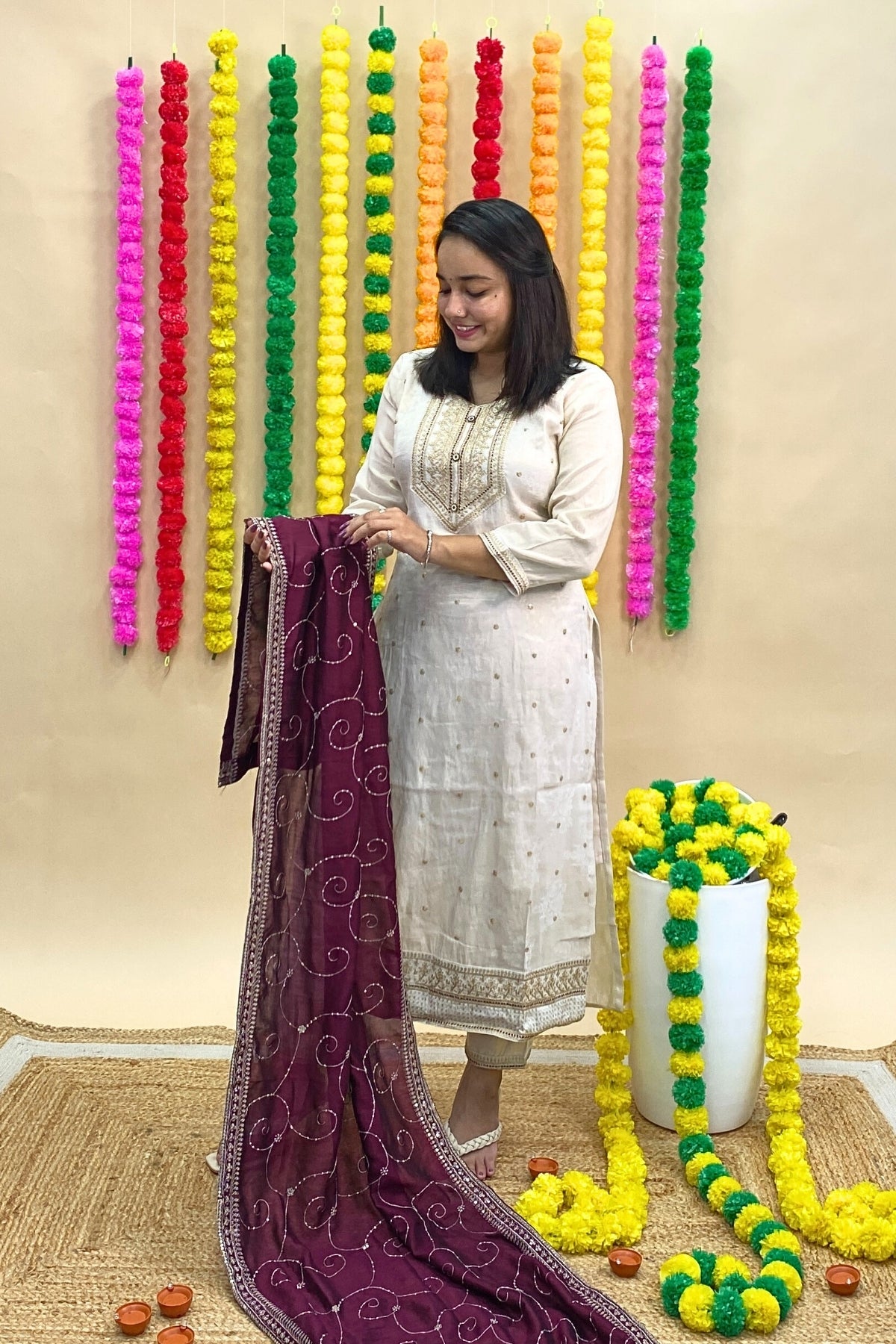 Premium Silk Kurti Pant Dupatta Set – Threadwork Neckline & All-Over Tikki Embroidery with Contrast Dupatta