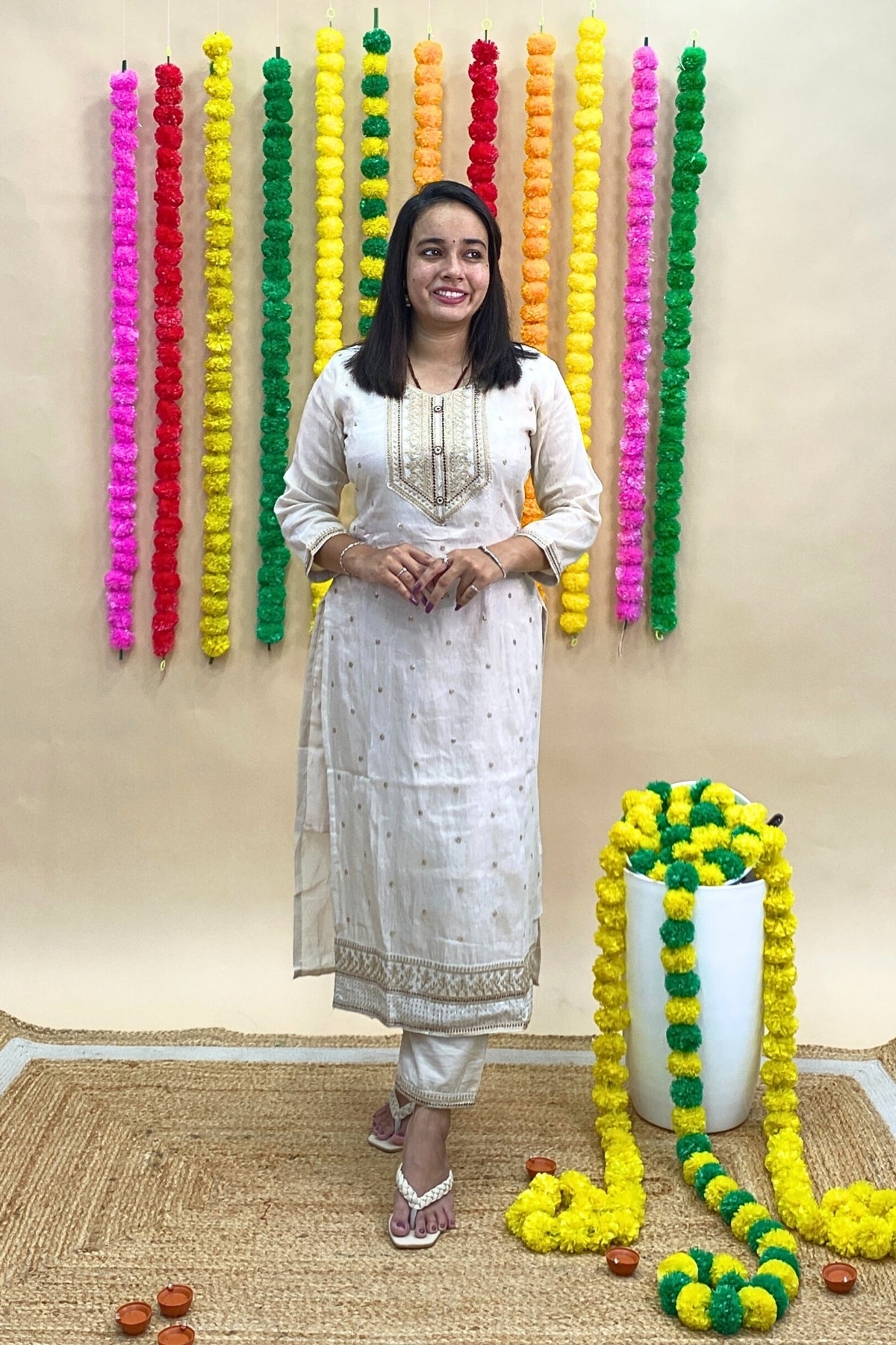 Premium Silk Kurti Pant Dupatta Set – Threadwork Neckline & All-Over Tikki Embroidery with Contrast Dupatta
