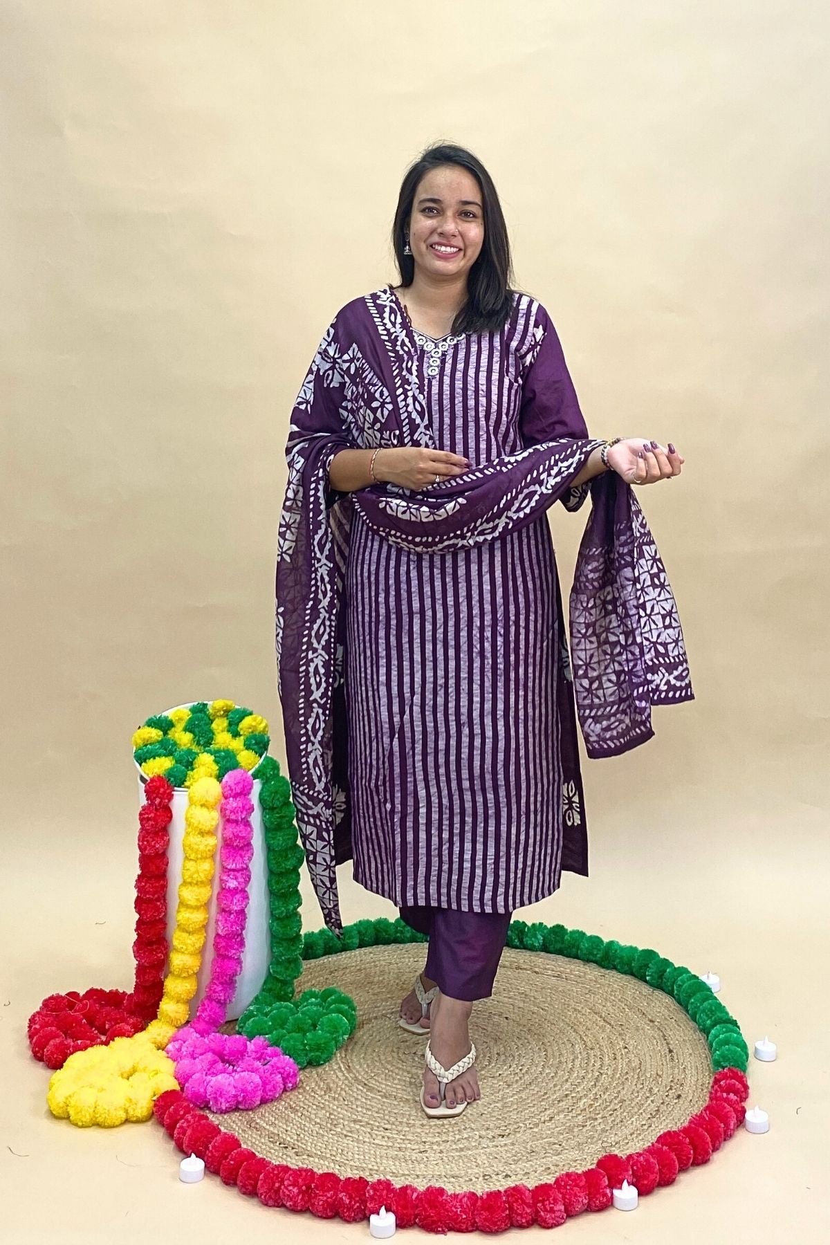 Pure Chanderi Batik Print Kurti Pant Set with Printed Dupatta – Strip & Floral Print, Cut Dana Mirror Neckline