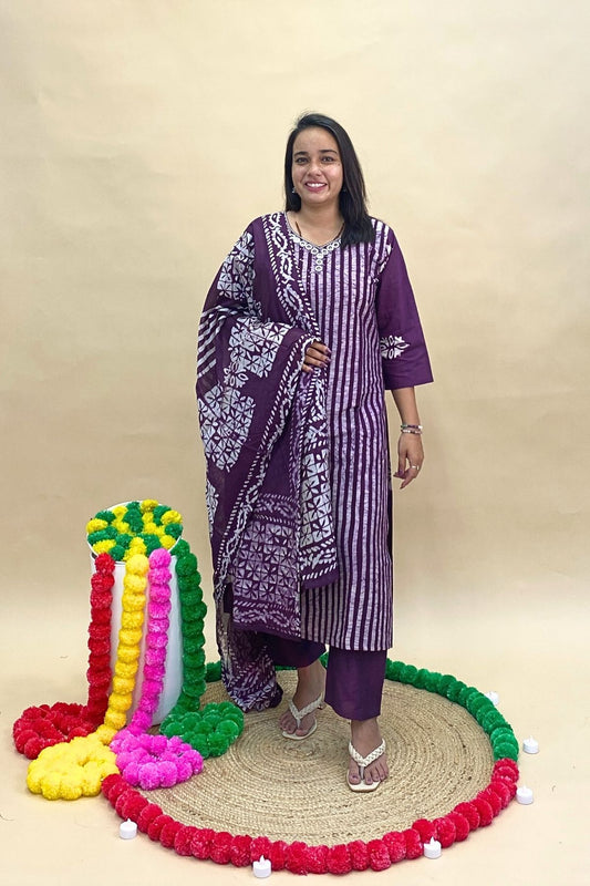 Pure Chanderi Batik Print Kurti Pant Set with Printed Dupatta – Strip & Floral Print, Cut Dana Mirror Neckline