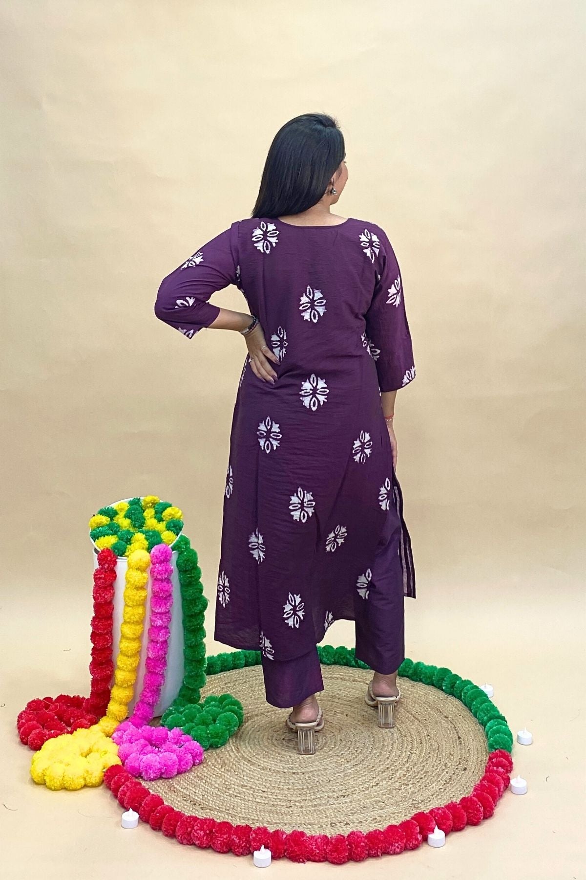 Pure Chanderi Batik Print Kurti Pant Set with Printed Dupatta – Strip & Floral Print, Cut Dana Mirror Neckline