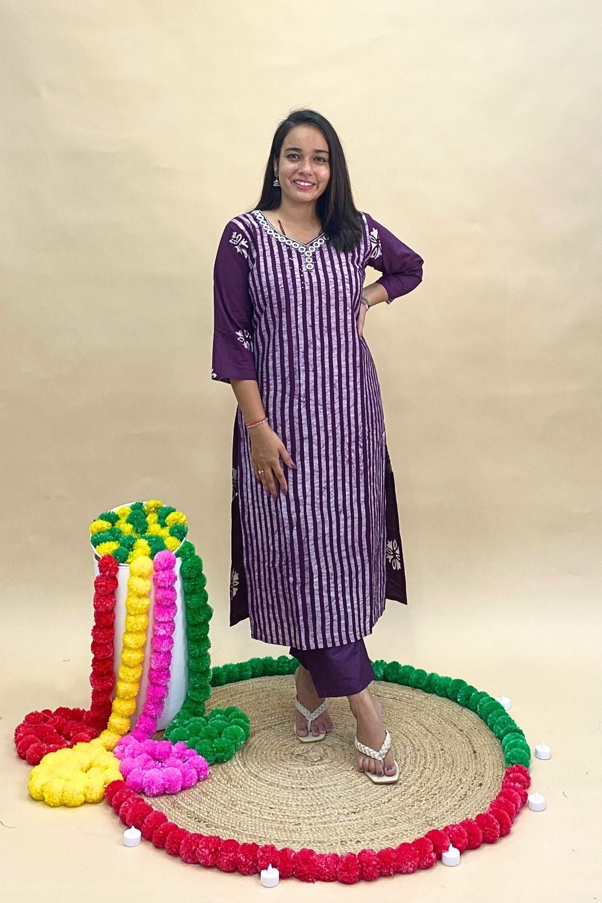 Pure Chanderi Batik Print Kurti Pant Set with Printed Dupatta – Strip & Floral Print, Cut Dana Mirror Neckline