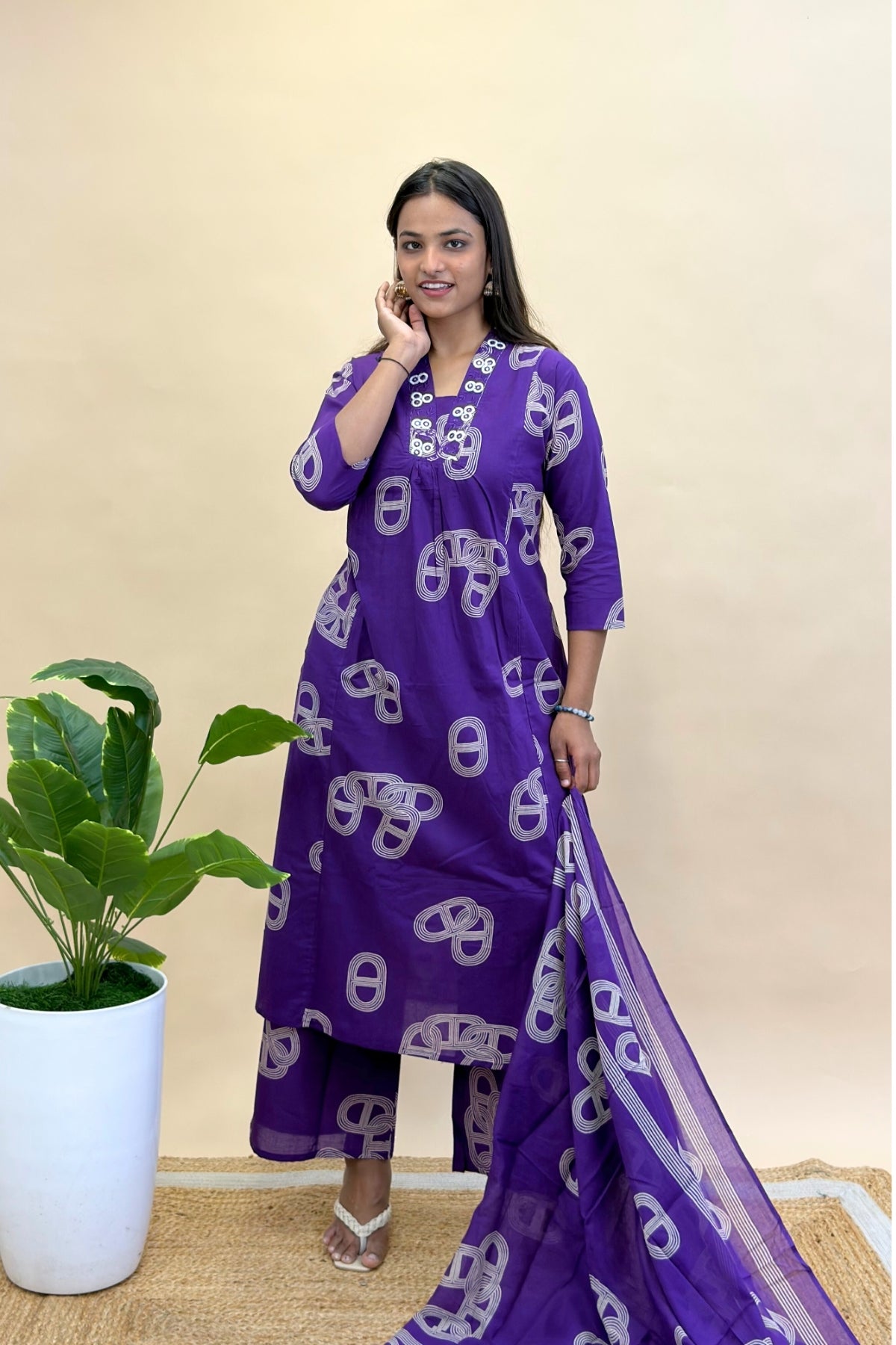 Pure Cotton Geometric Print Pure A-Line Kurti with V Neck and Matching Semi Plazo Pant & Mulmul Cotton Dupatta