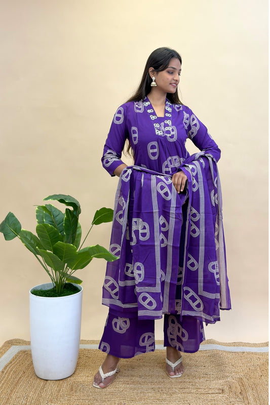 Pure Cotton Geometric Print Pure A-Line Kurti with V Neck and Matching Semi Plazo Pant & Mulmul Cotton Dupatta