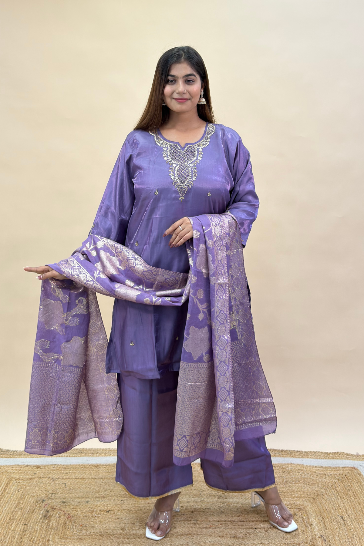 Plus Size Short Kurta Palazzo Set with Cut-Dana Work Neckline & Banarasi Dupatta