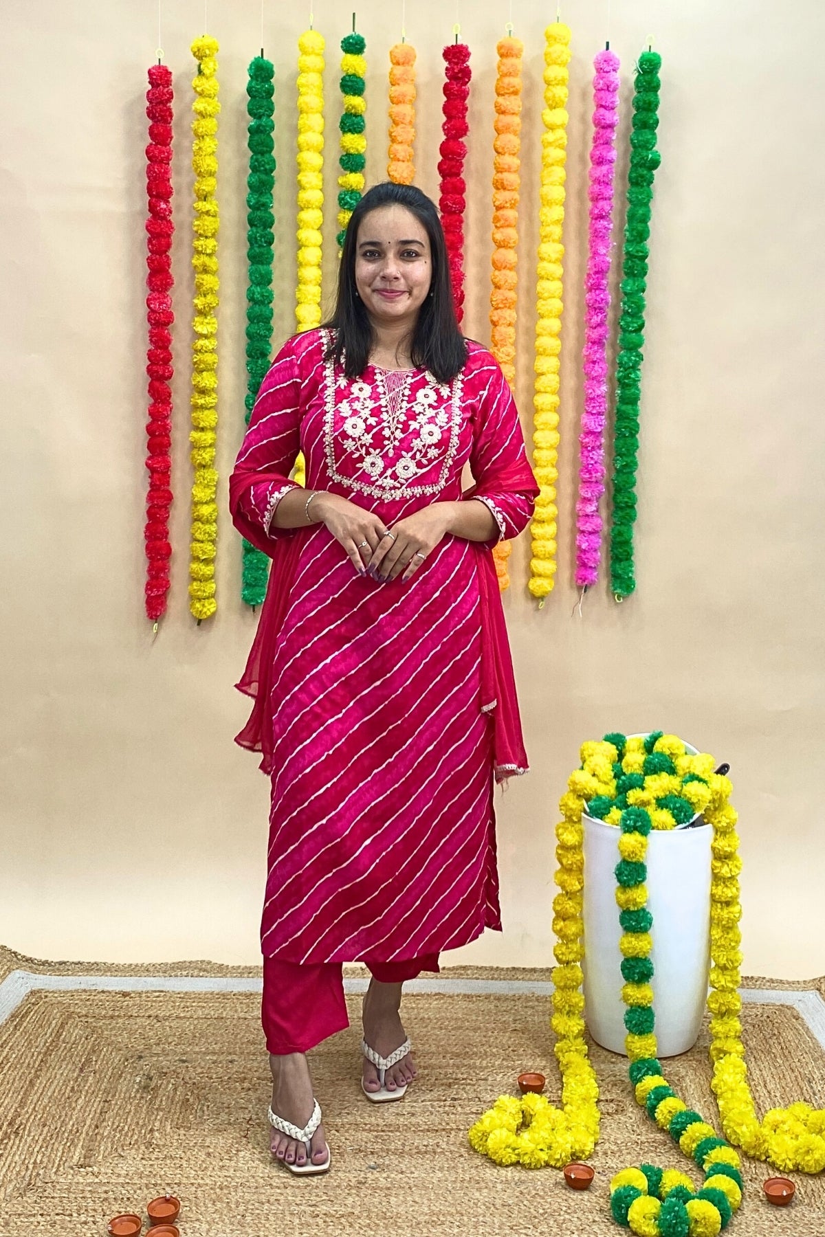 Jaipur Lehariya Print Kurti Pant Set with Gotta Patti Neckline & Chiffon Dupatta