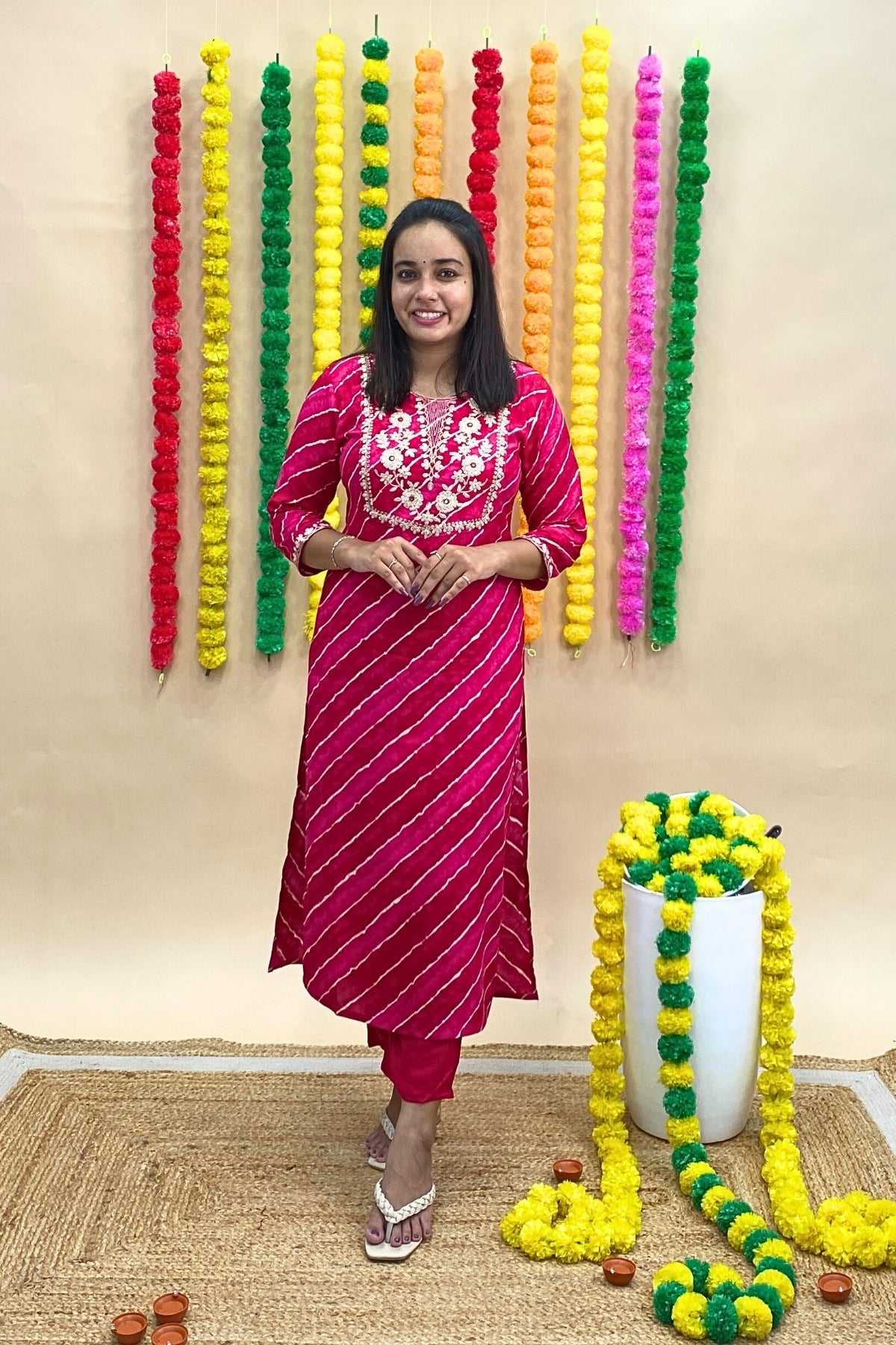 Jaipur Lehariya Print Kurti Pant Set with Gotta Patti Neckline & Chiffon Dupatta