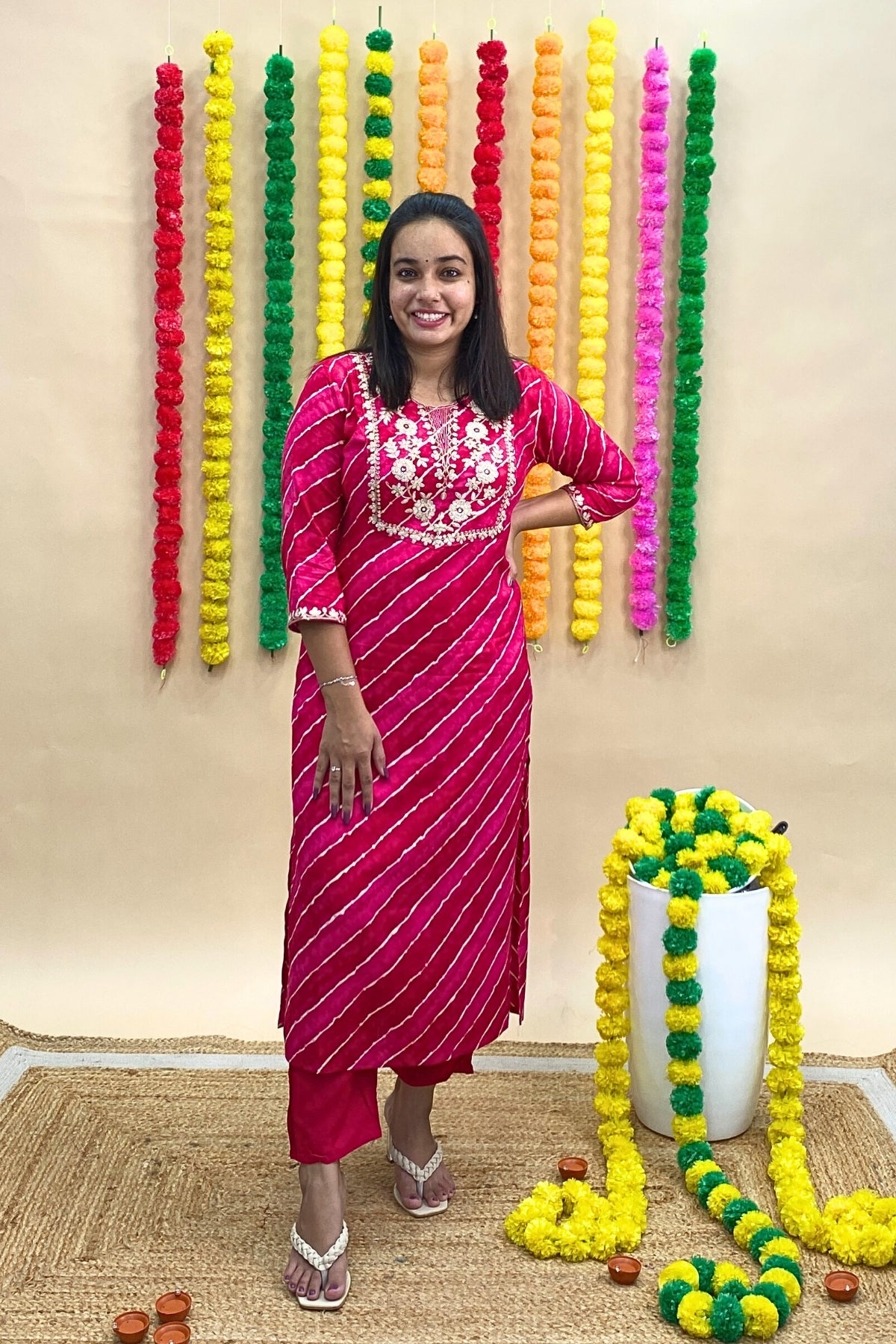 Jaipur Lehariya Print Kurti Pant Set with Gotta Patti Neckline & Chiffon Dupatta