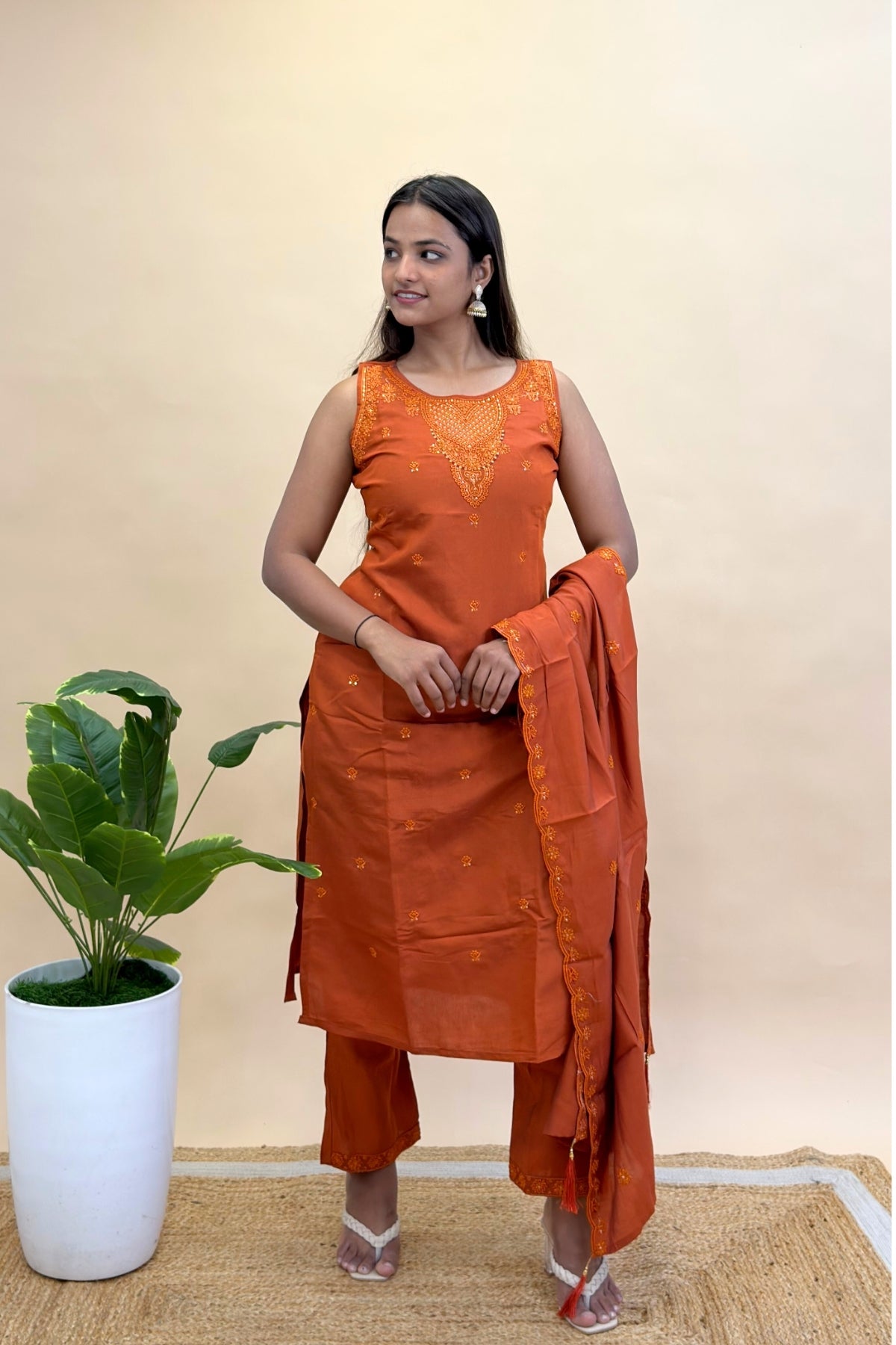 Roman Silk Sleeveless Straight Kurta Set with Square Neck, Embroidered Dupatta & Tassels
