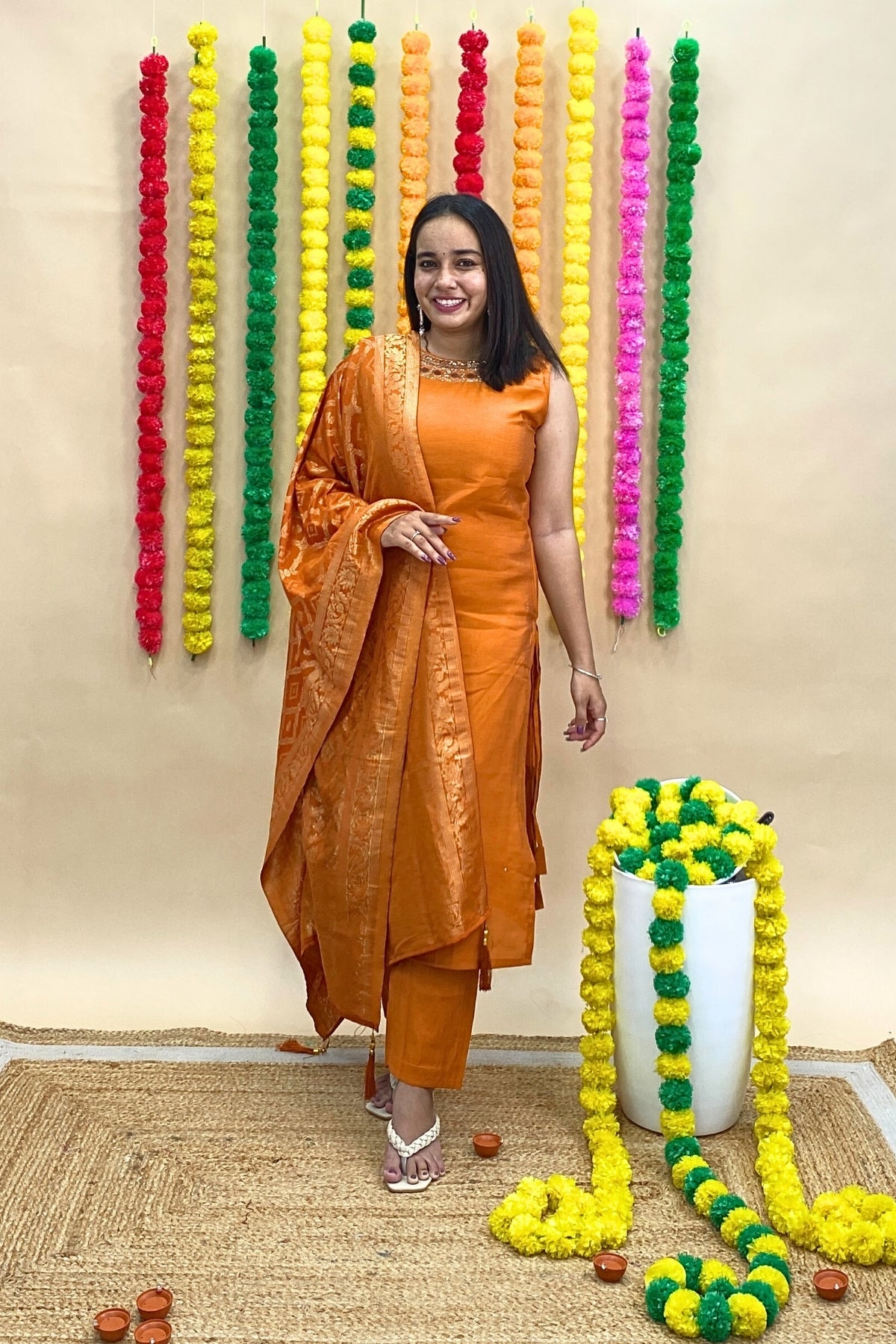 Premium Silk Sleeveless Kurti Pant Set with Banarasi Dupatta – Cut Dana, Mirror & Threadwork Neck Design