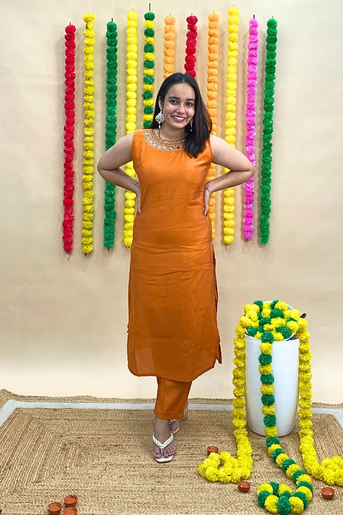 Premium Silk Sleeveless Kurti Pant Set with Banarasi Dupatta – Cut Dana, Mirror & Threadwork Neck Design