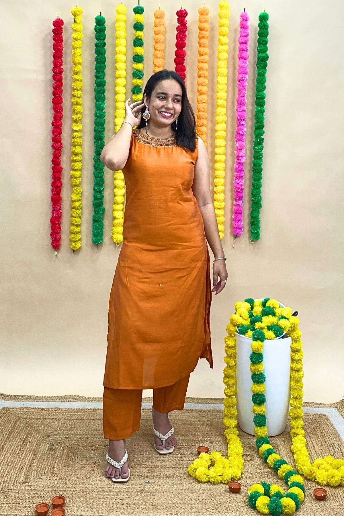 Premium Silk Sleeveless Kurti Pant Set with Banarasi Dupatta – Cut Dana, Mirror & Threadwork Neck Design