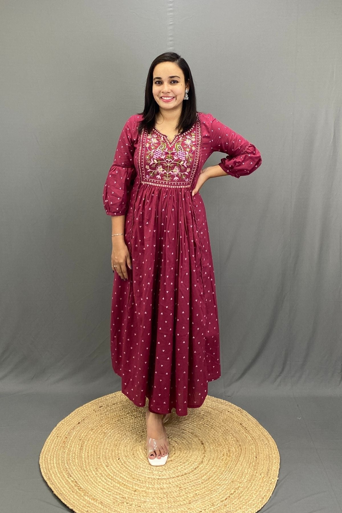 Maroon Ghera Kurti Pant Set with Multicolor Peacock Embroidery & Mulmul Cotton Dupatta