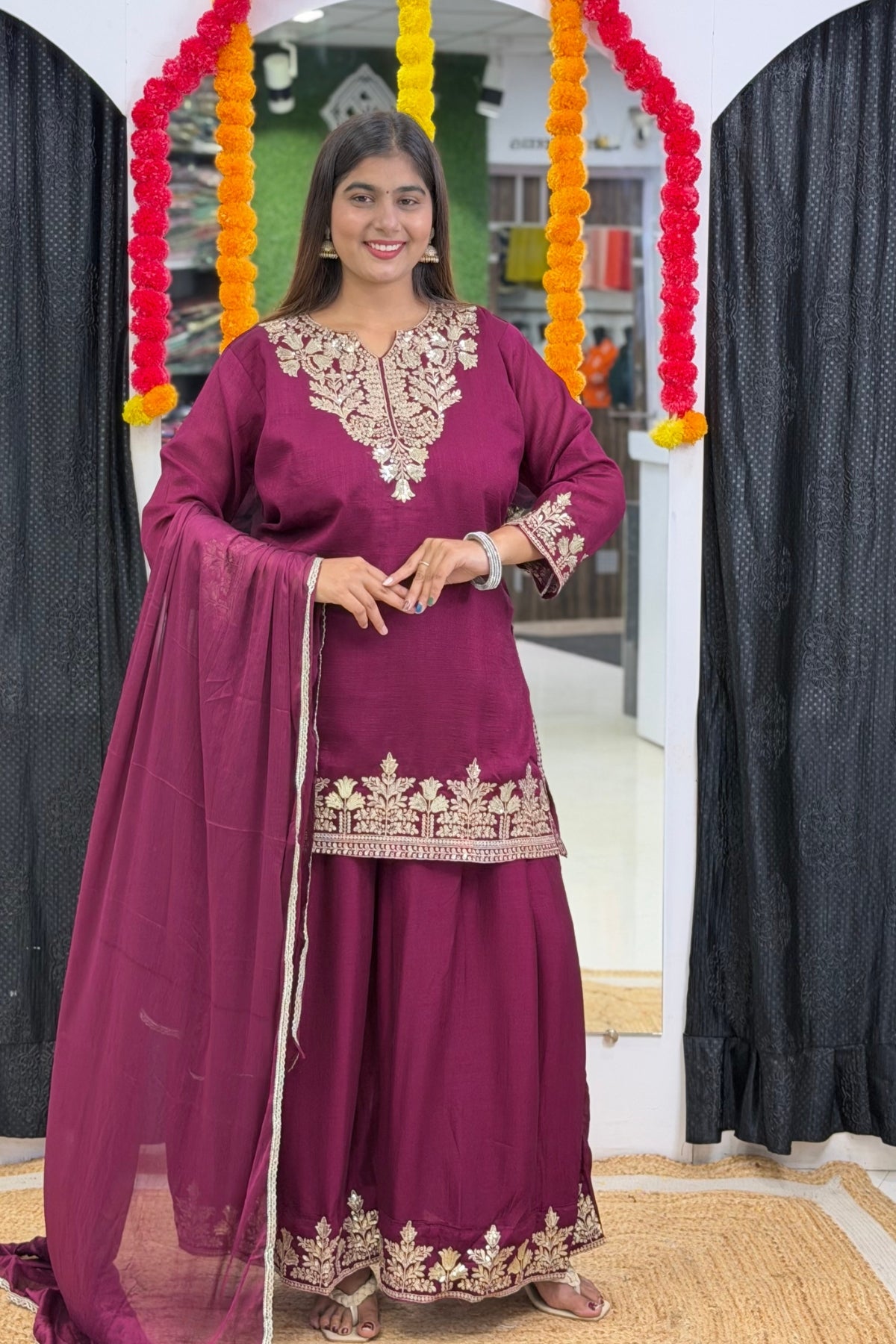 Vichitra Silk Short Kurti Palazzo Dupatta Set with Golden Zari Tikki & Floral Embroidery