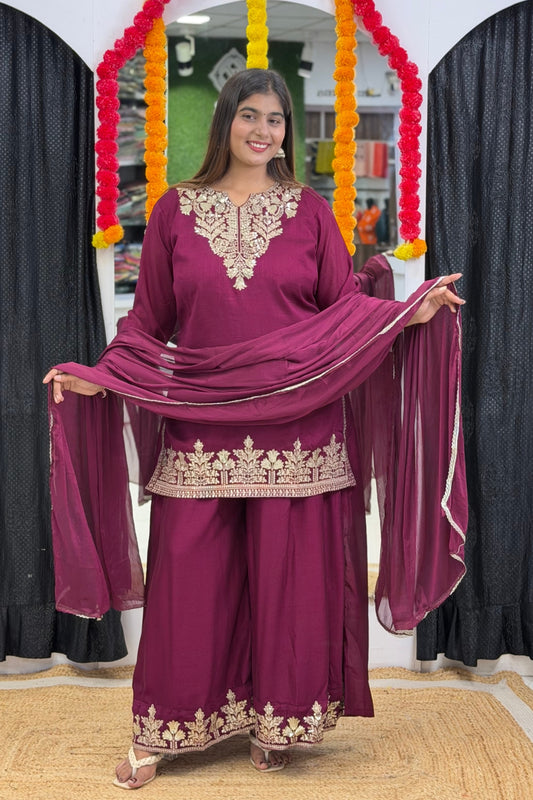 Vichitra Silk Short Kurti Palazzo Dupatta Set with Golden Zari Tikki & Floral Embroidery