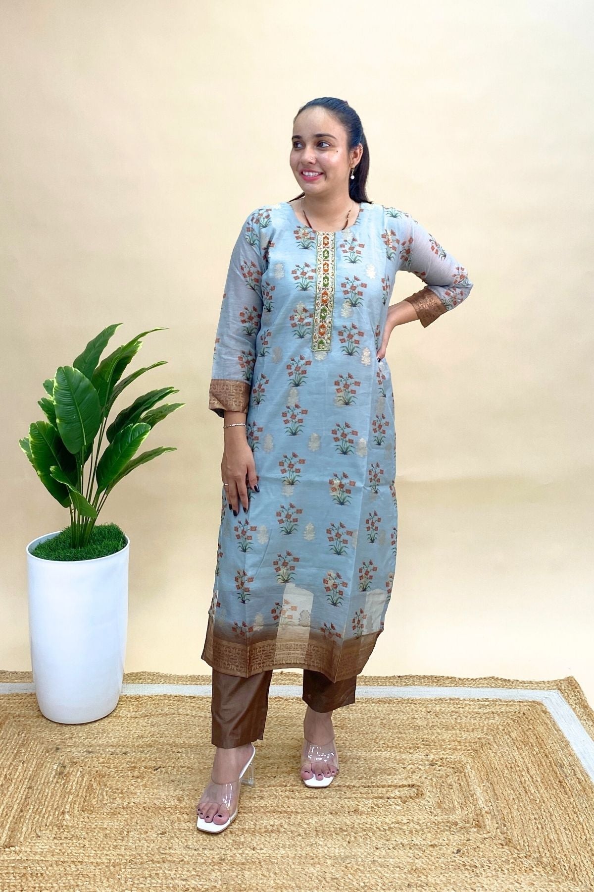 Jacquard Kurti Pant Dupatta Set with Contrast Bottom, Rich Everyday Ethnic Wear
