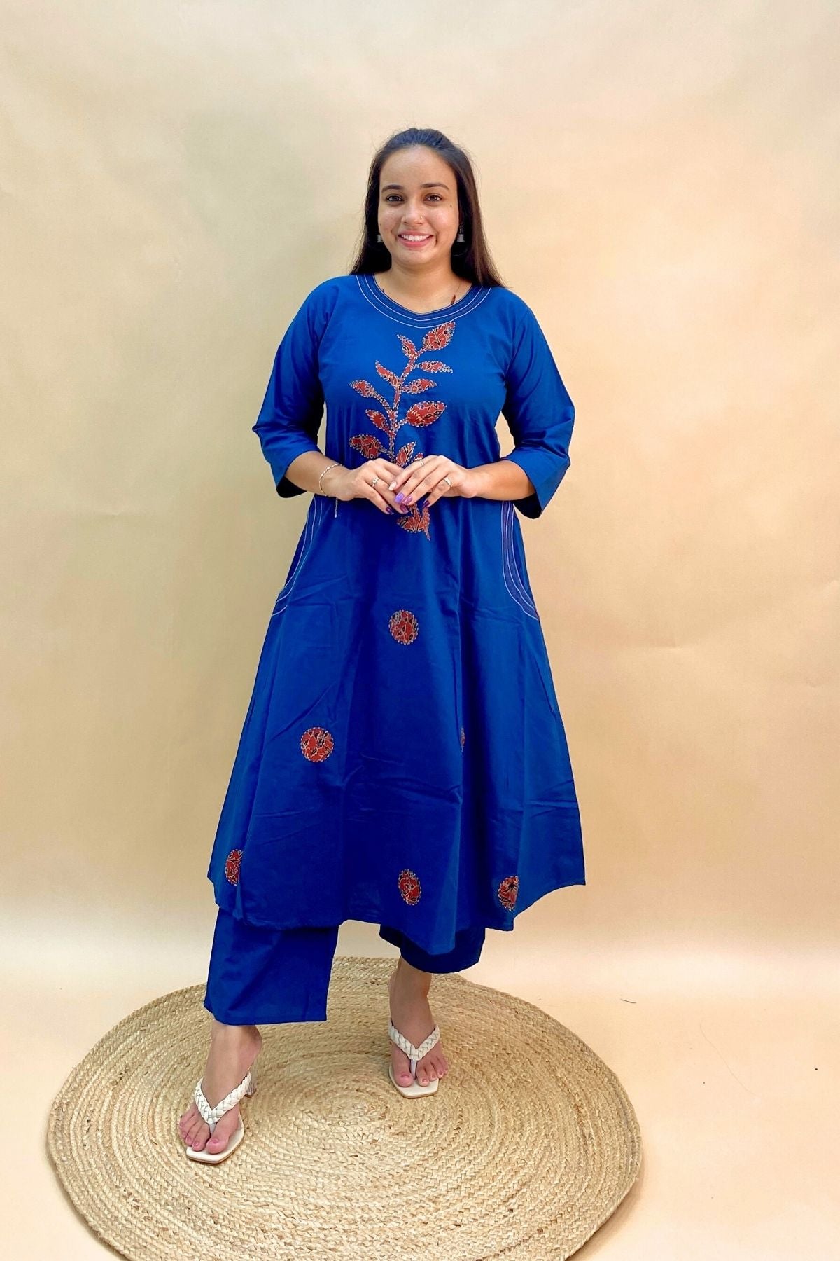 A Line Kurti Pant Co-ord Set with Patchwork, Thread Embroidery & Both Side Pockets
