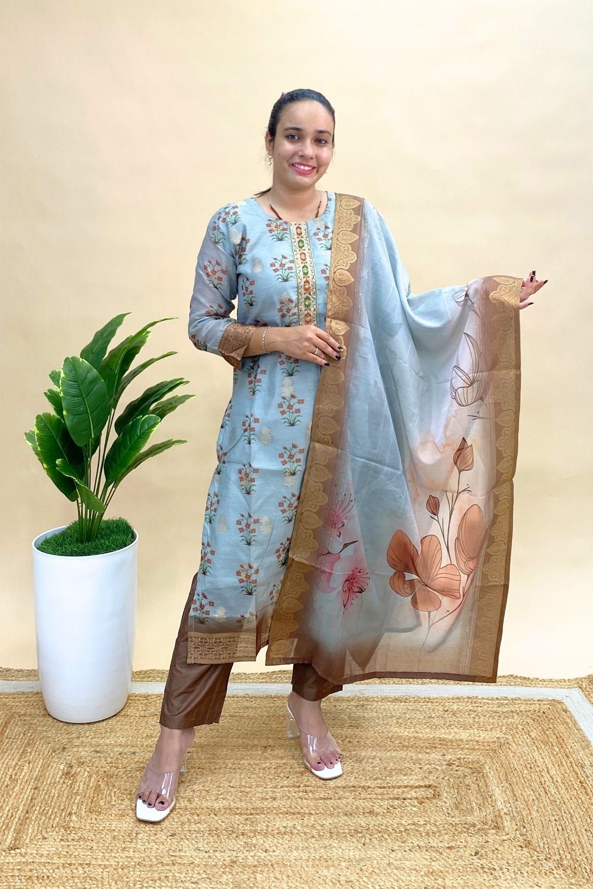 Jacquard Kurti Pant Dupatta Set with Contrast Bottom, Rich Everyday Ethnic Wear