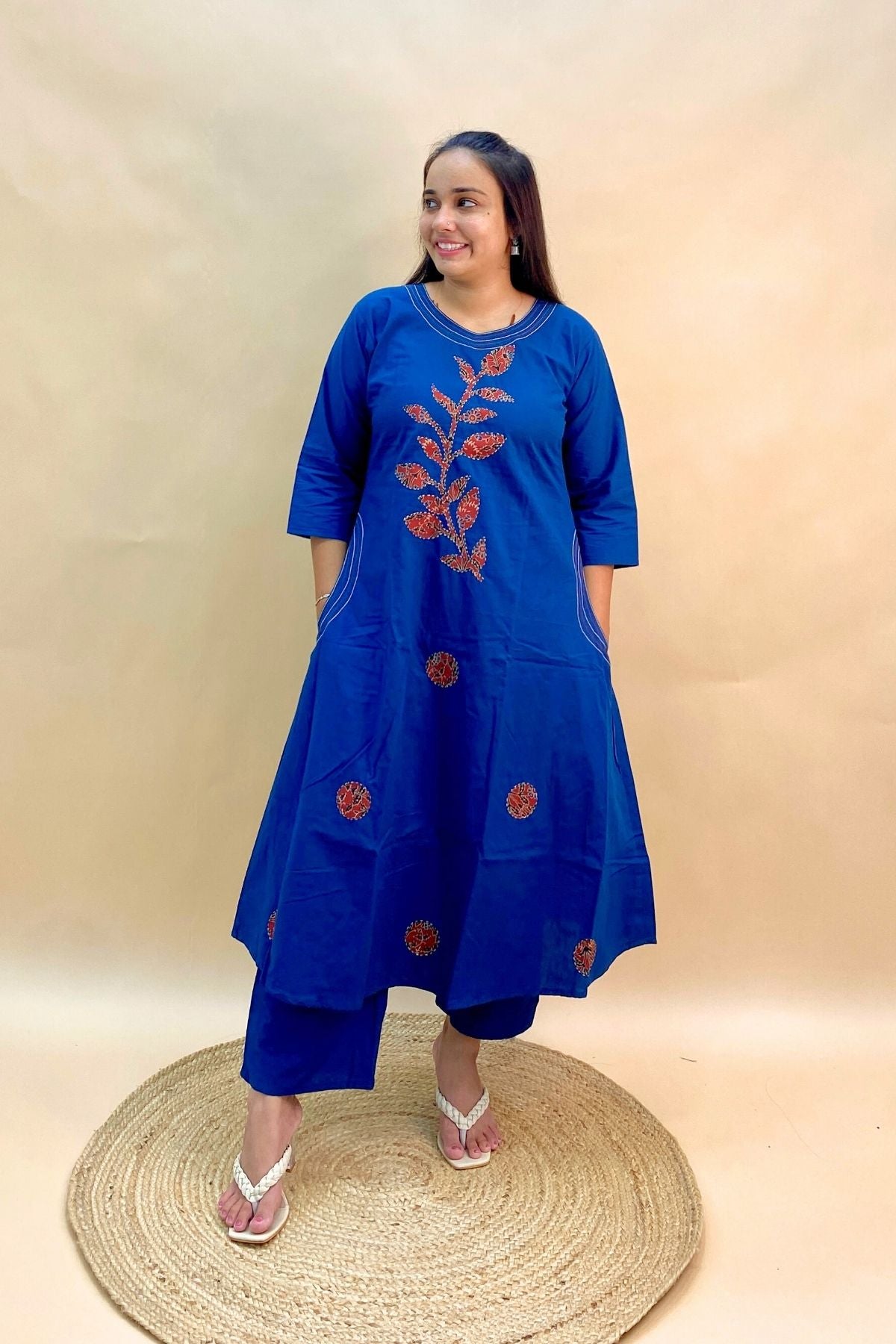 A Line Kurti Pant Co-ord Set with Patchwork, Thread Embroidery & Both Side Pockets