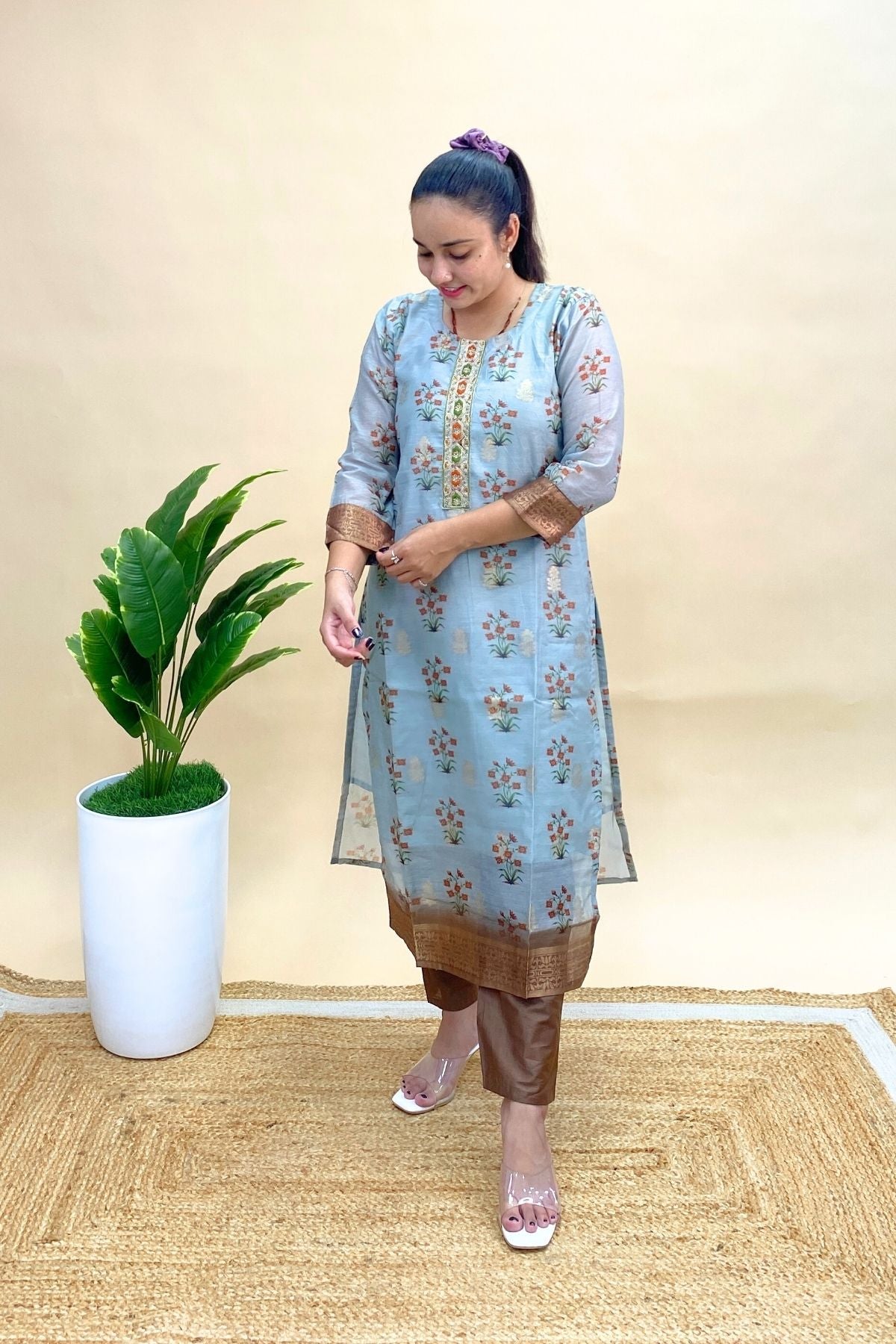 Jacquard Kurti Pant Dupatta Set with Contrast Bottom, Rich Everyday Ethnic Wear