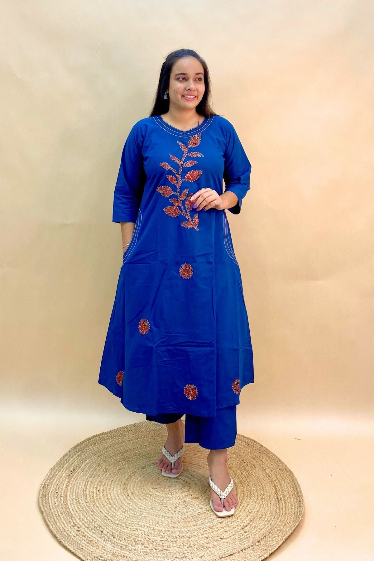 A Line Kurti Pant Co-ord Set with Patchwork, Thread Embroidery & Both Side Pockets