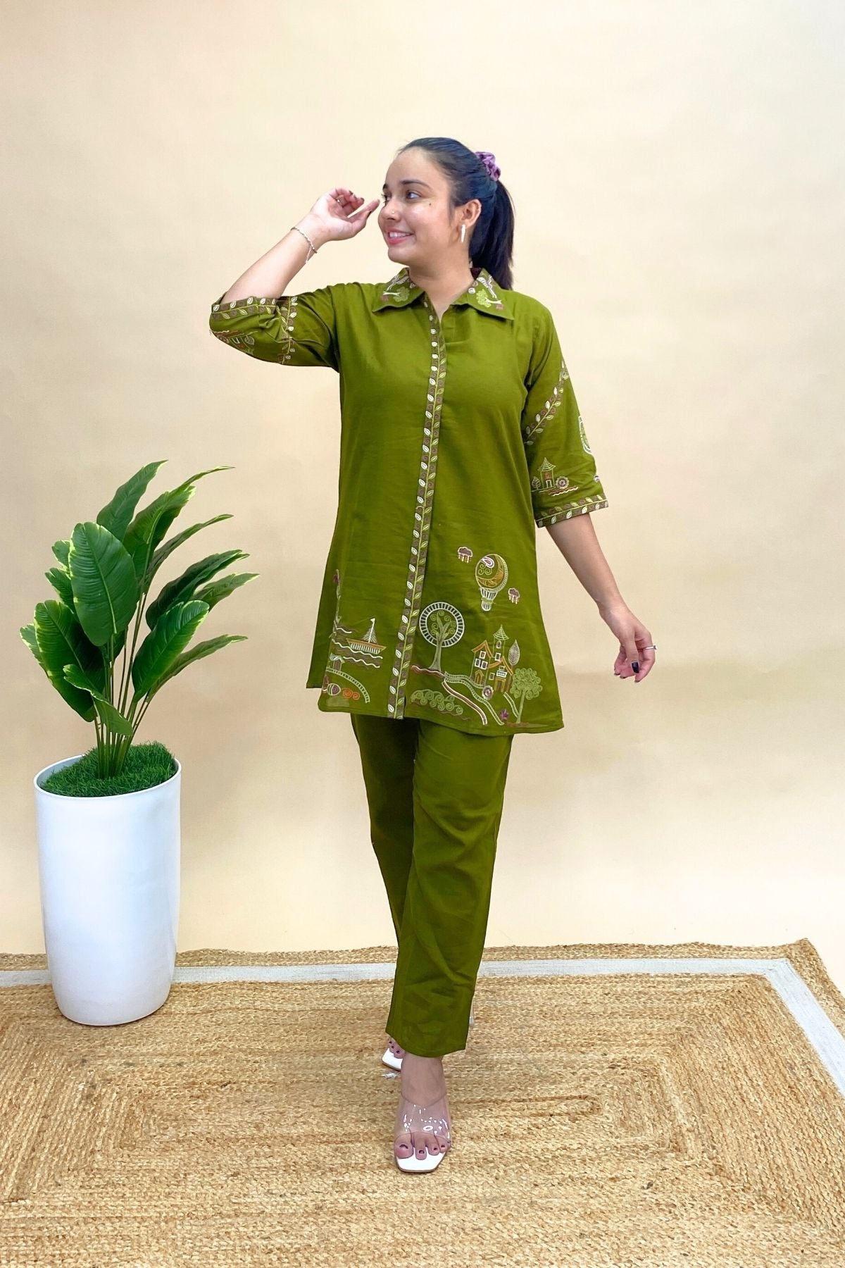 Hand-Embroidered Short Shirt-Style Kurti Co-ord Set with Folk Art Inspired Ethnic Wear