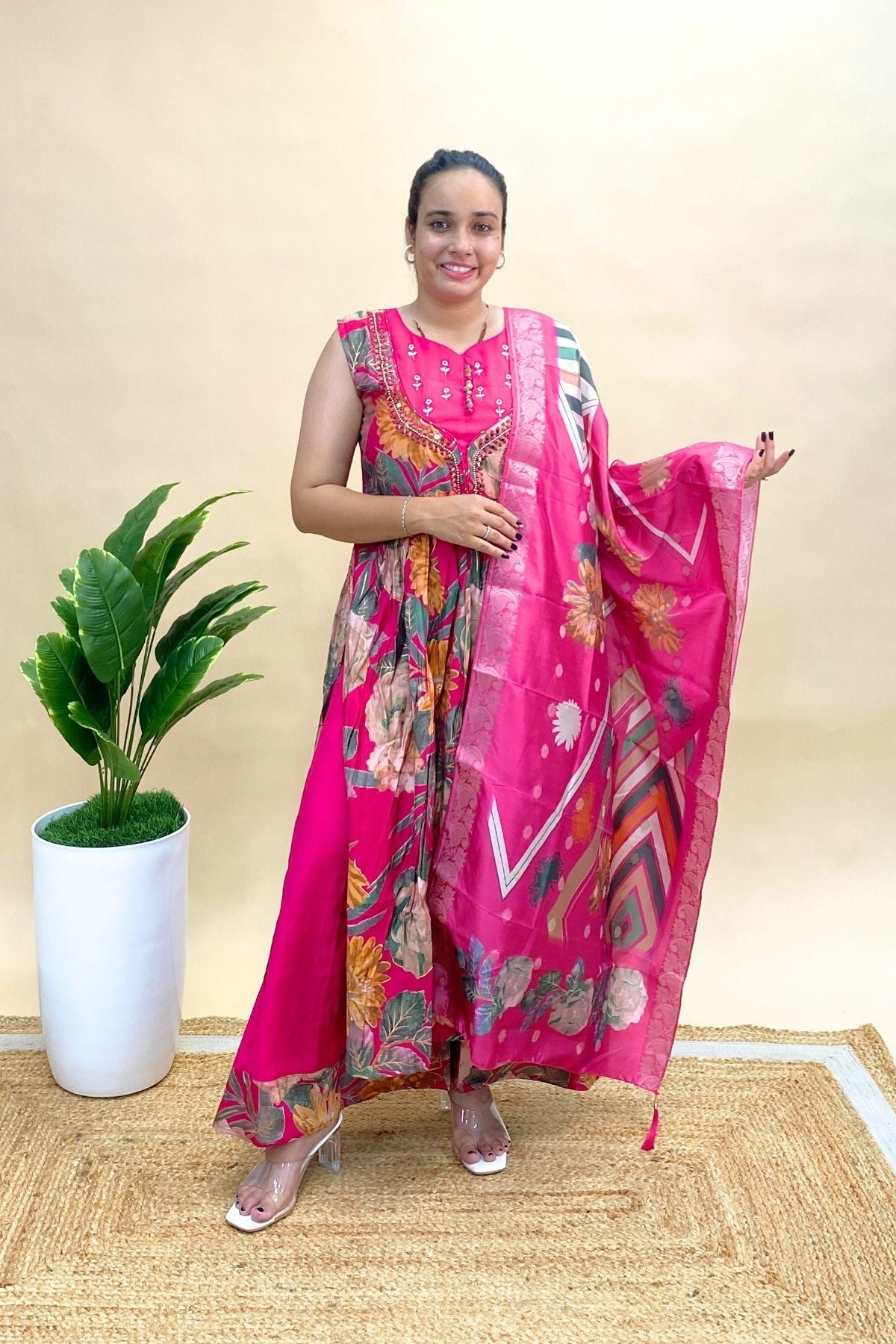 Premium Art Silk Kurti Dupatta Set with Elephant Plazo, Indo-Western for Festive Charm
