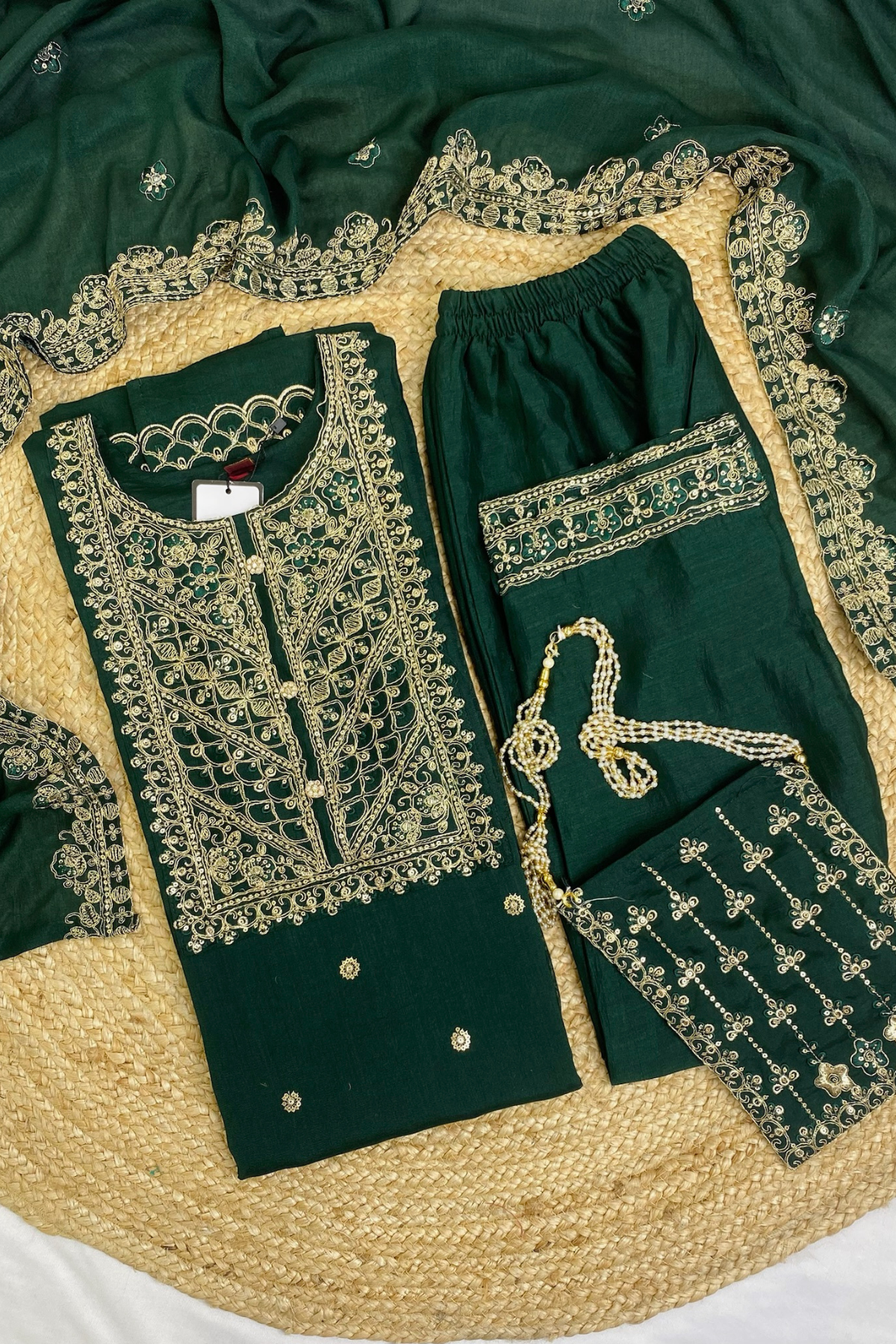 Plus-Size Roman Silk Kurti Pant Set with Intricate Zari Work & Stylish Handbag