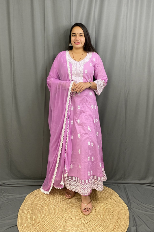 Elegant women’s Anarkali suit in premium fabric with intricate embroidery and lace accents