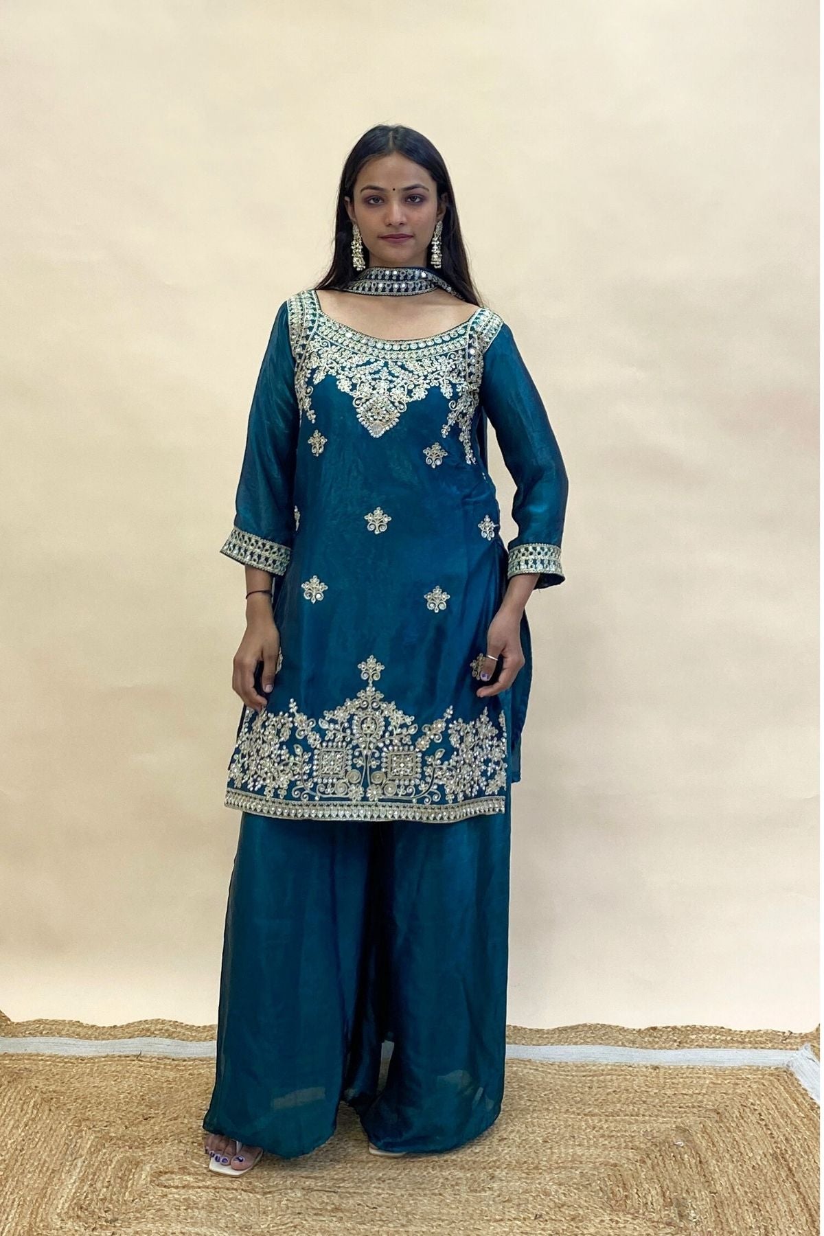 Embroidered Short Kurti Palazzo Set with Neck Dupatta | Zari, Dori & Sequin Work