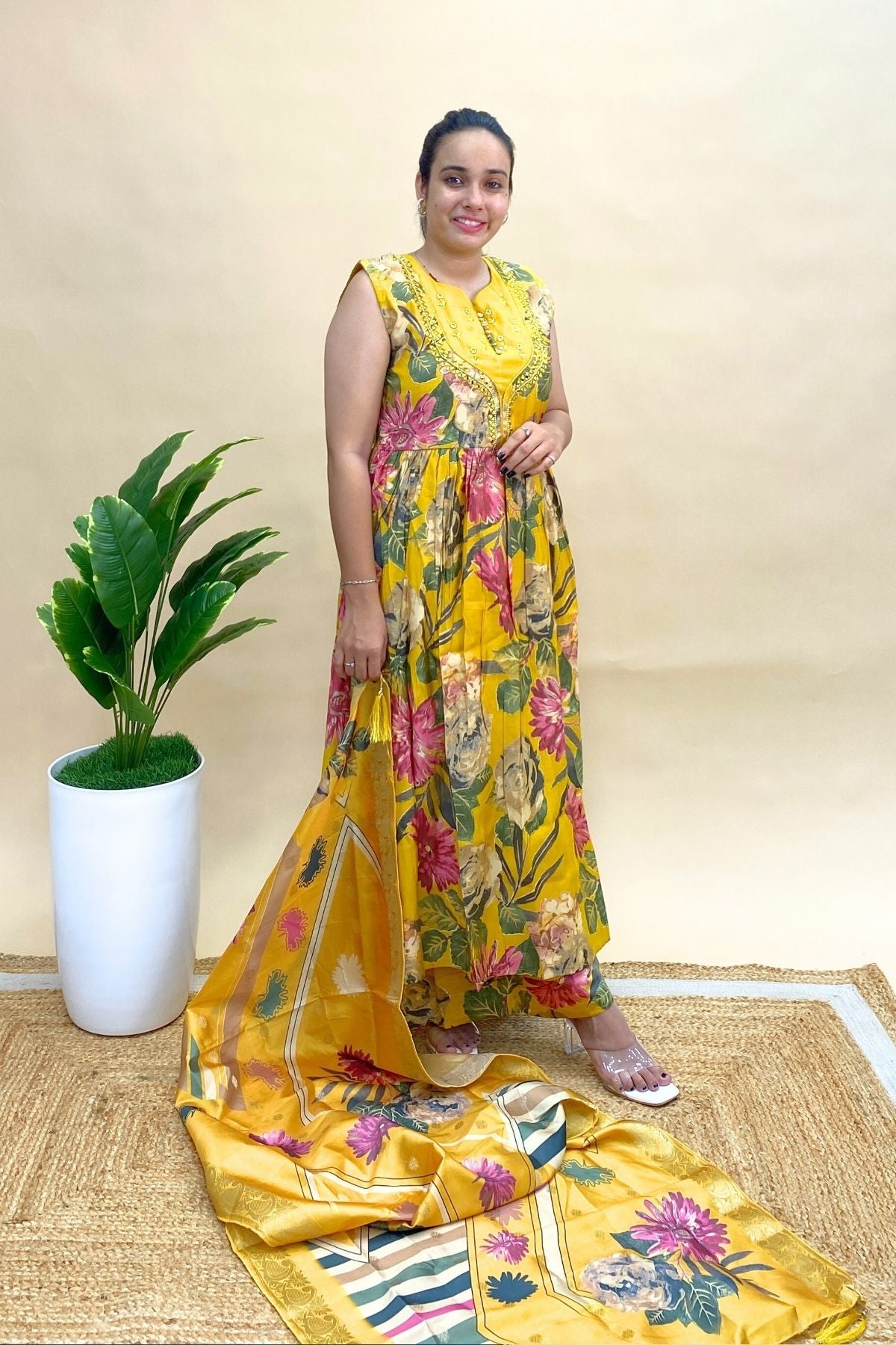 Premium Art Silk Kurti Dupatta Set with Elephant Plazo, Indo-Western for Festive Charm