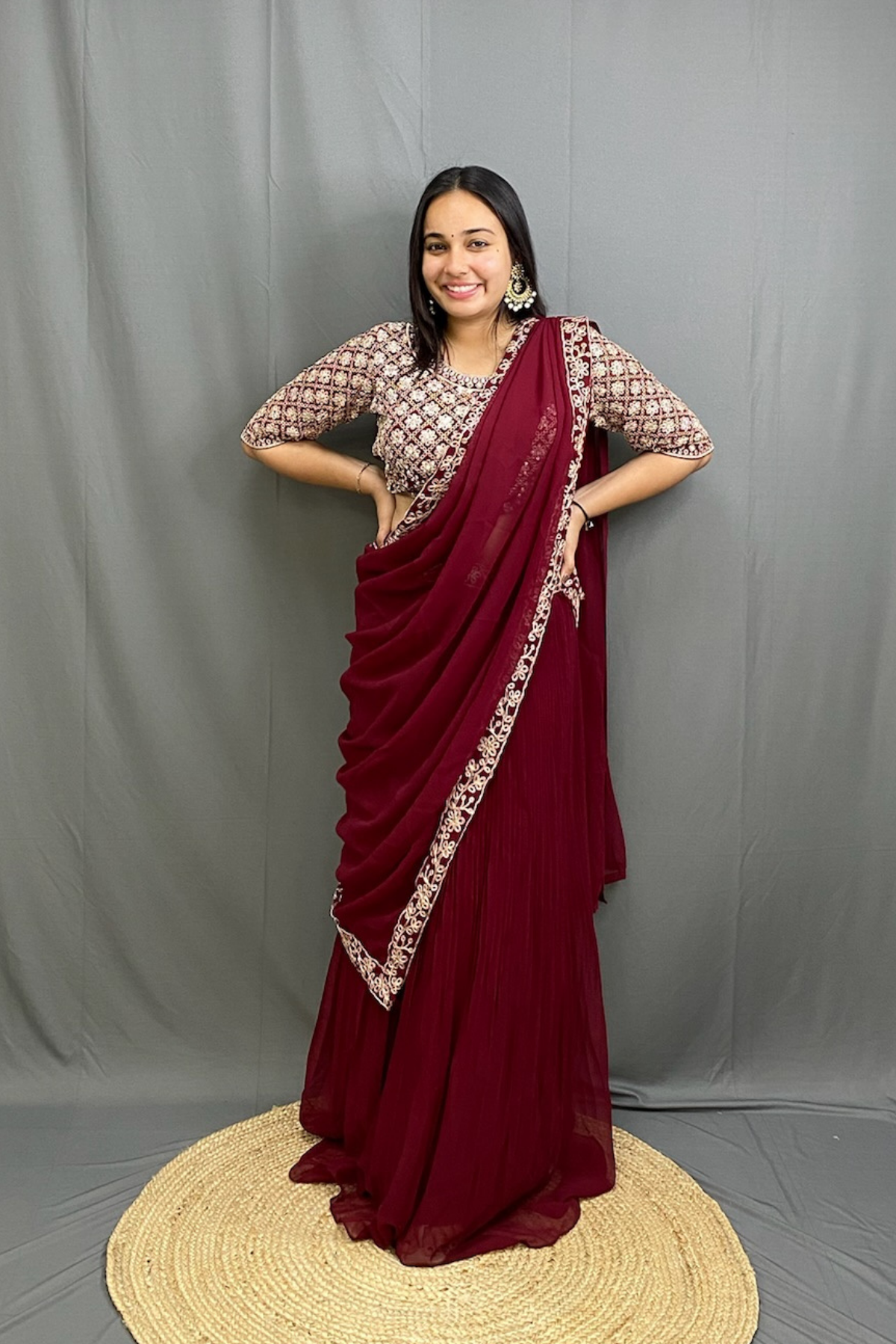 Exquisite Chinon Silk Ready to Wear Saree with Full Zari Work Blouse