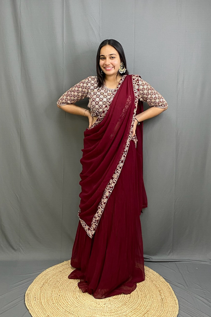 Exquisite Chinon Silk Ready to Wear Saree with Full Zari Work Blouse