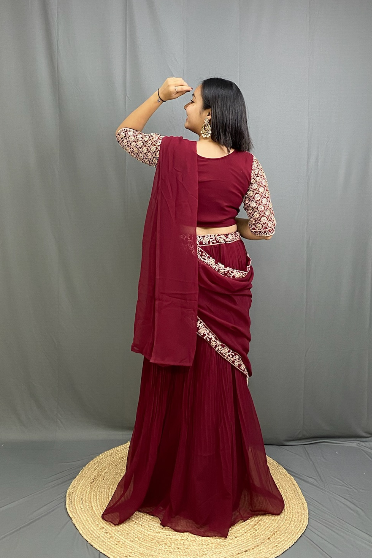 Exquisite Chinon Silk Ready to Wear Saree with Full Zari Work Blouse