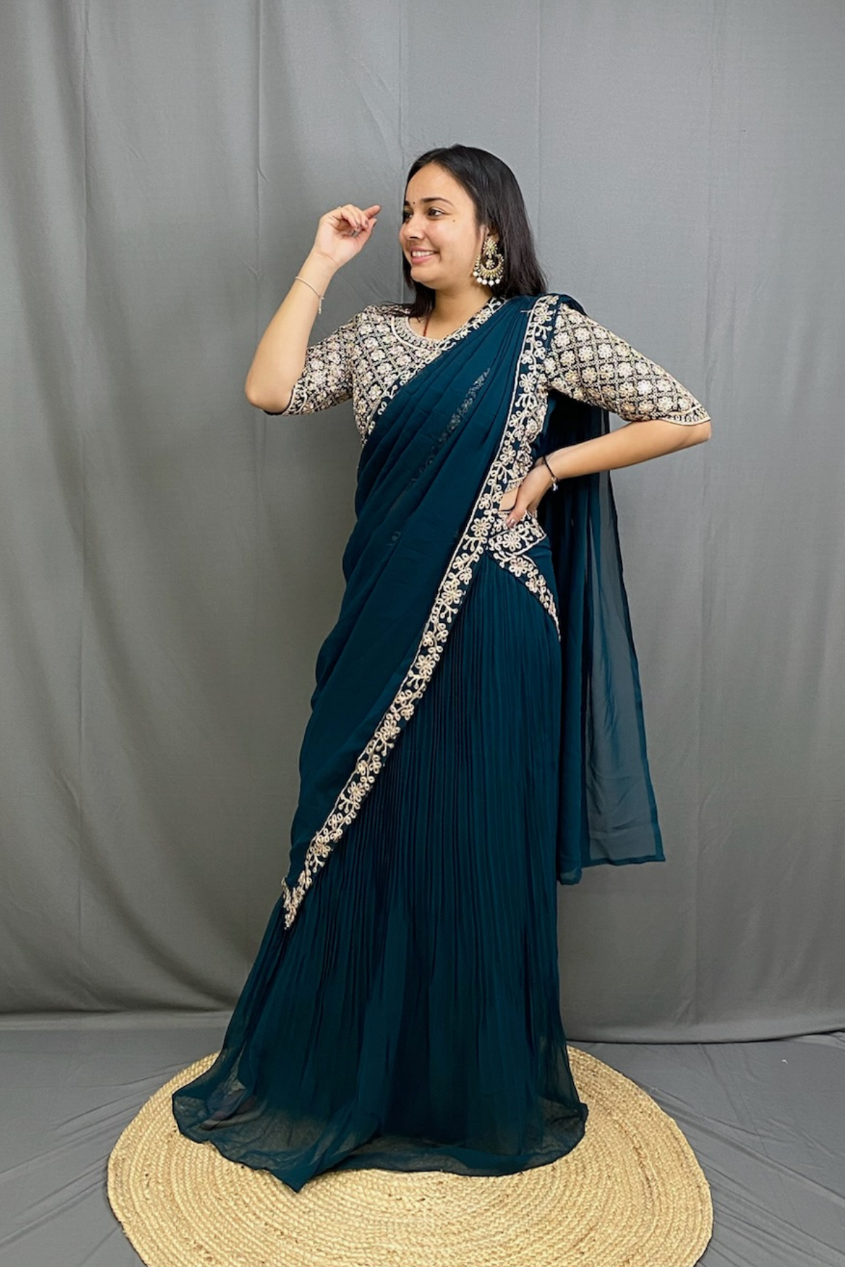 Exquisite Chinon Silk Ready to Wear Saree with Full Zari Work Blouse