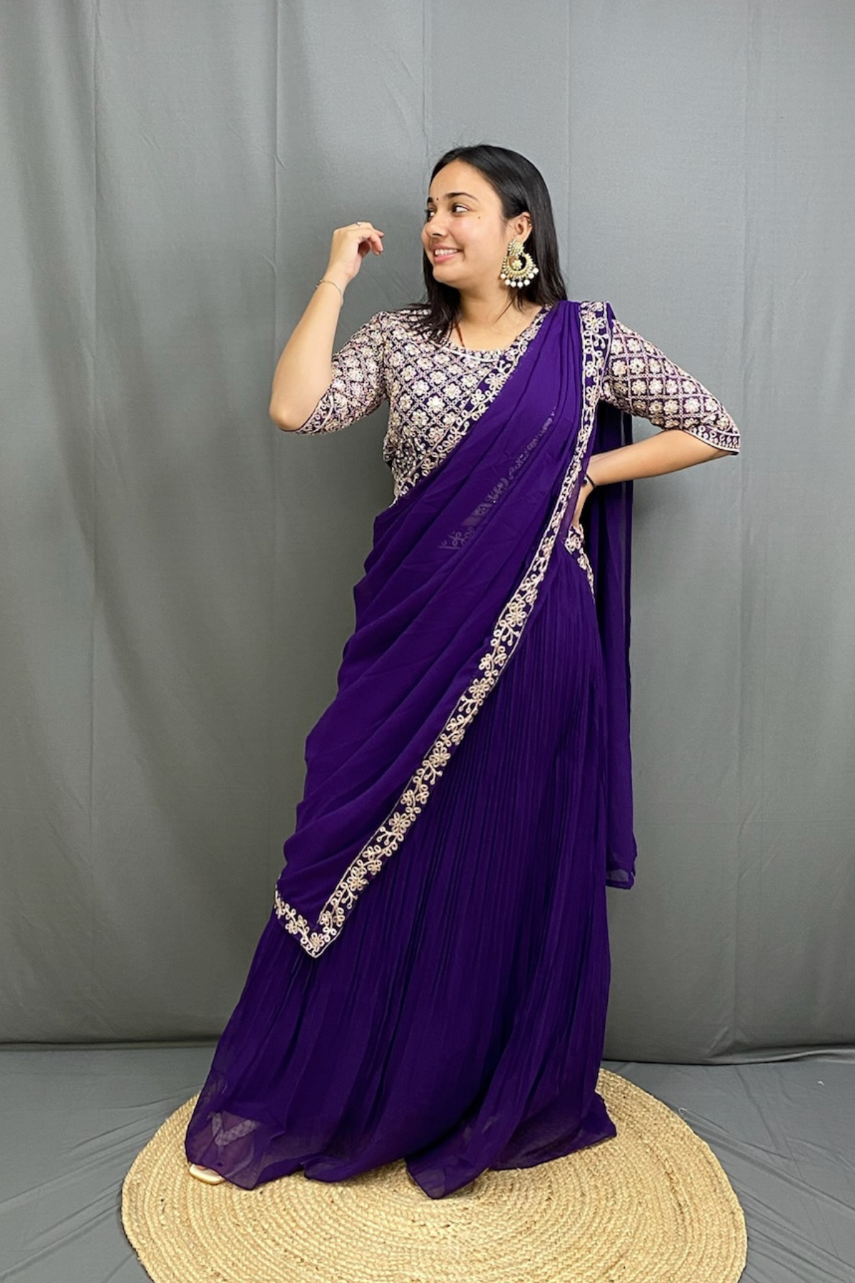 Exquisite Chinon Silk Ready to Wear Saree with Full Zari Work Blouse