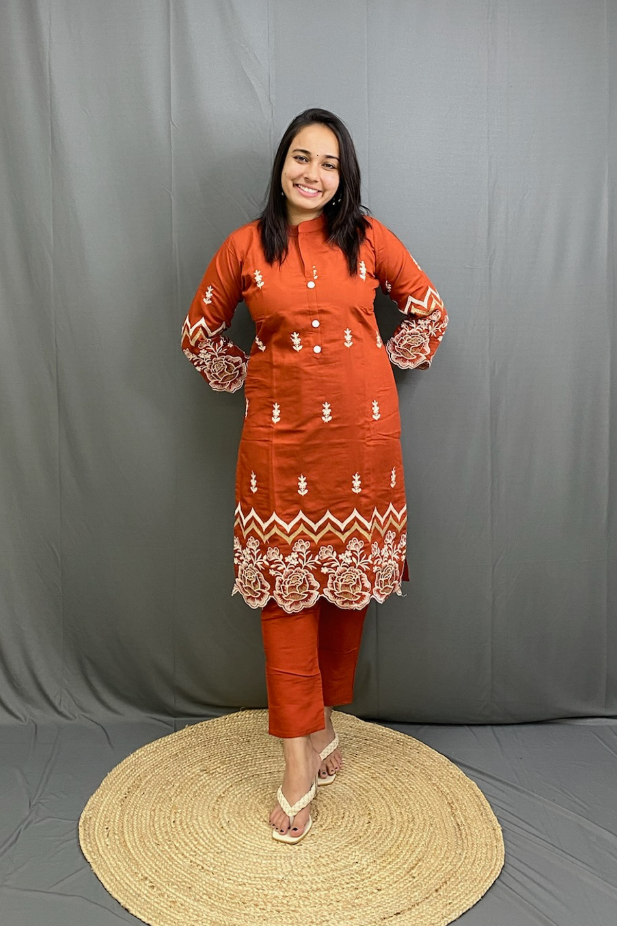 Beautiful Orange Embroidery Smart Casual Cotton Cord Set