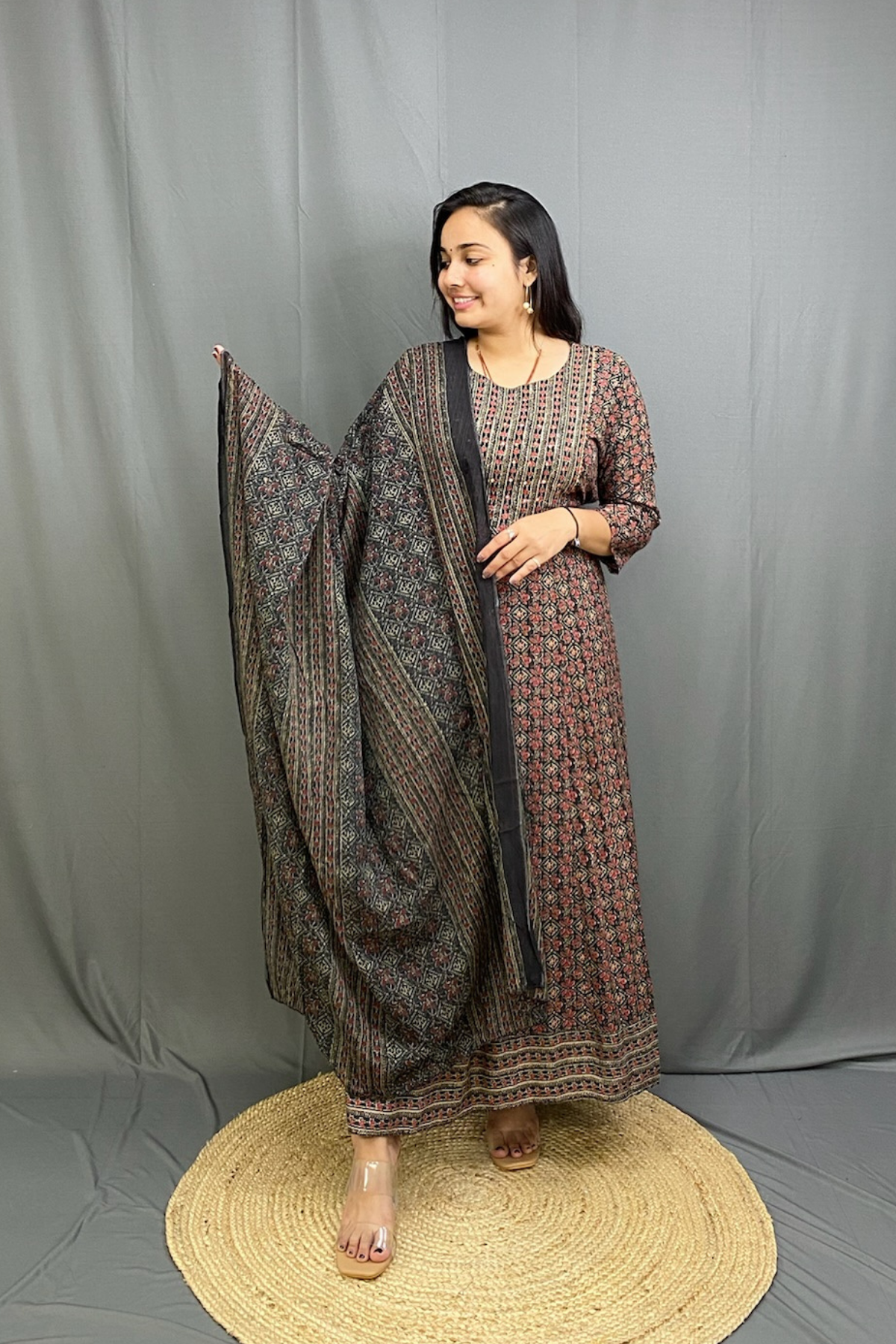Pure Cotton Ajrakh Print Anarkali Suit Set with Soft Mul Cotton Dupatta