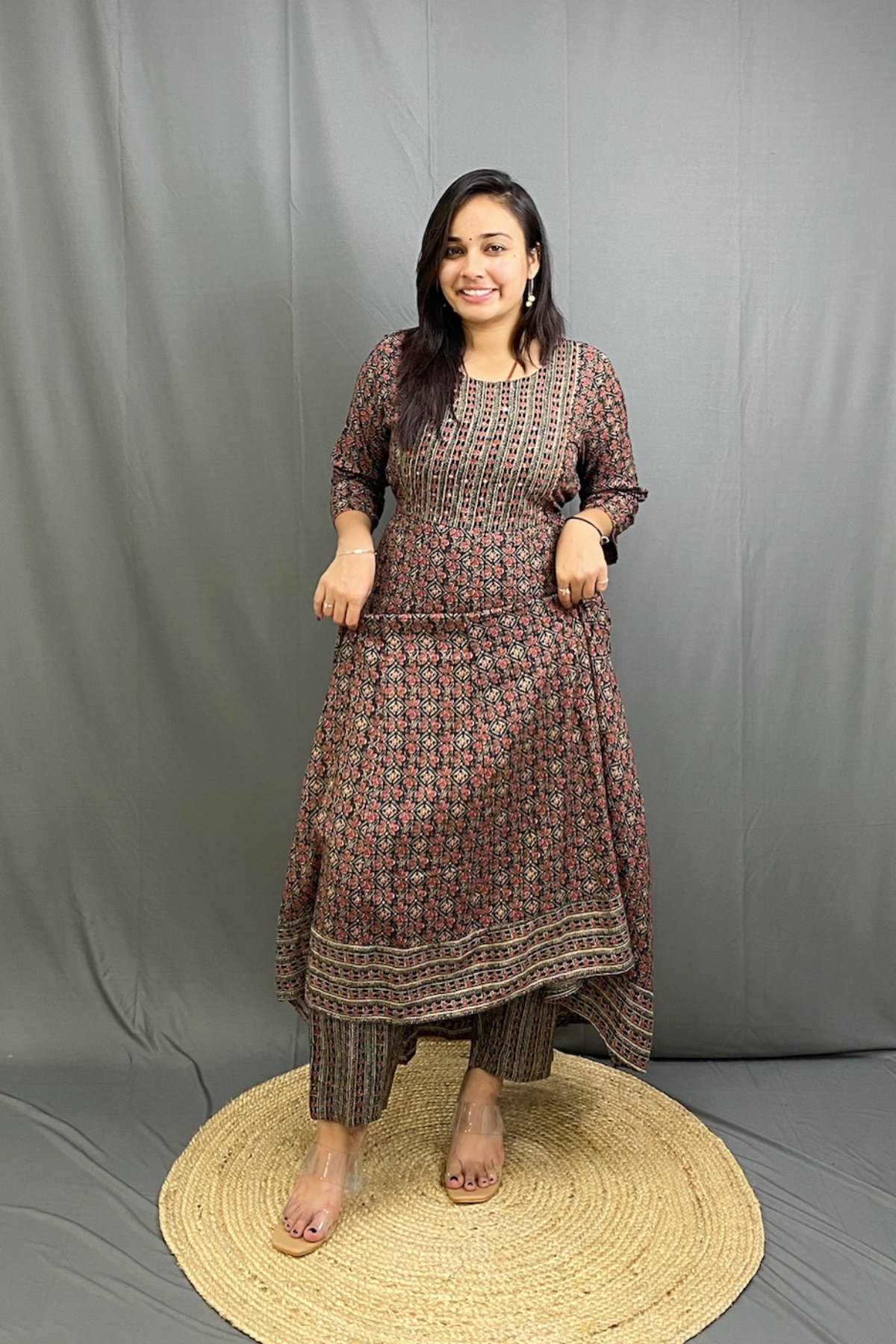 Pure Cotton Ajrakh Print Anarkali Suit Set with Soft Mul Cotton Dupatta