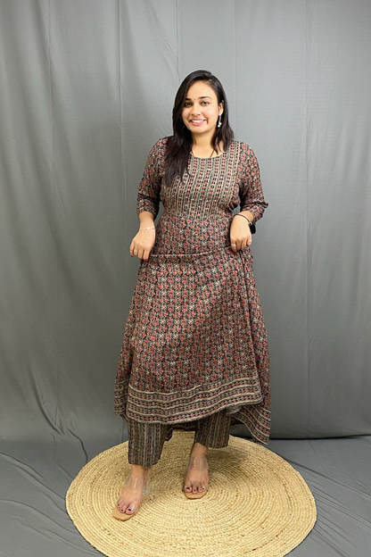 Pure Cotton Ajrakh Print Anarkali Suit Set with Soft Mul Cotton Dupatta