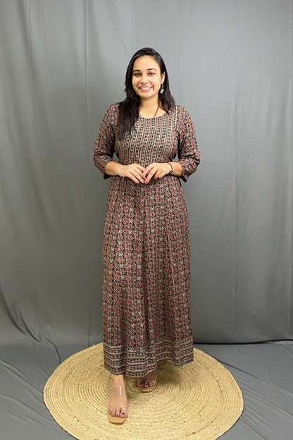 Pure Cotton Ajrakh Print Anarkali Suit Set with Soft Mul Cotton Dupatta