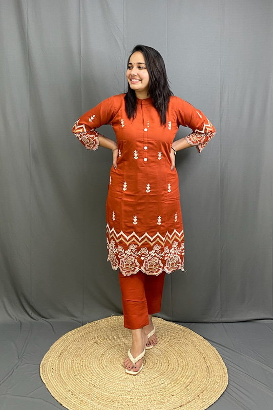 Beautiful Orange Embroidery Smart Casual Cotton Cord Set