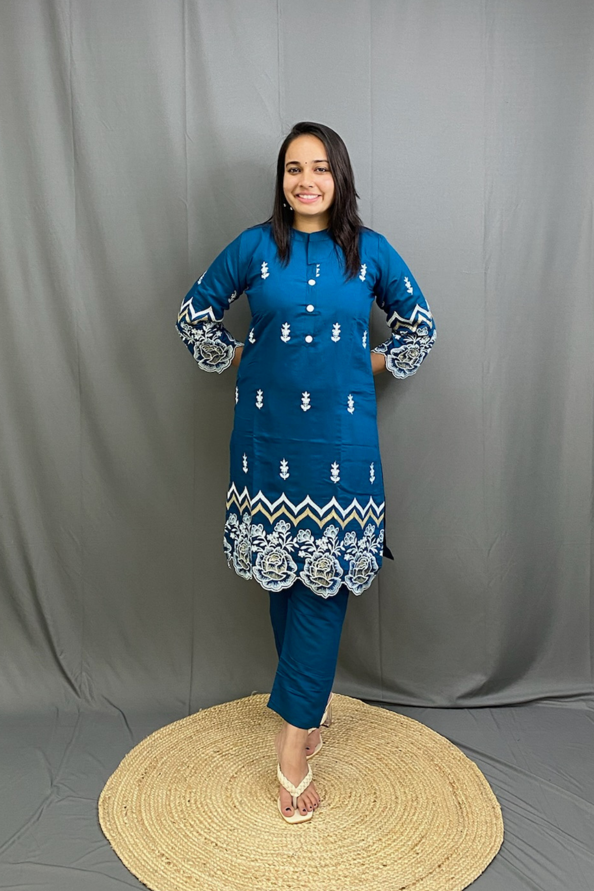 Beautiful Blue Embroidery Cotton Cord Set