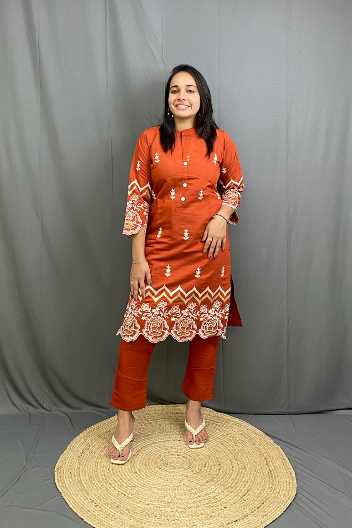 Beautiful Orange Embroidery Smart Casual Cotton Cord Set