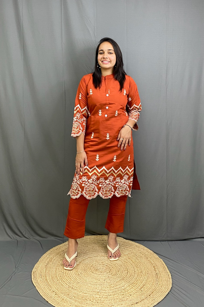 Beautiful Orange Embroidery Smart Casual Cotton Cord Set